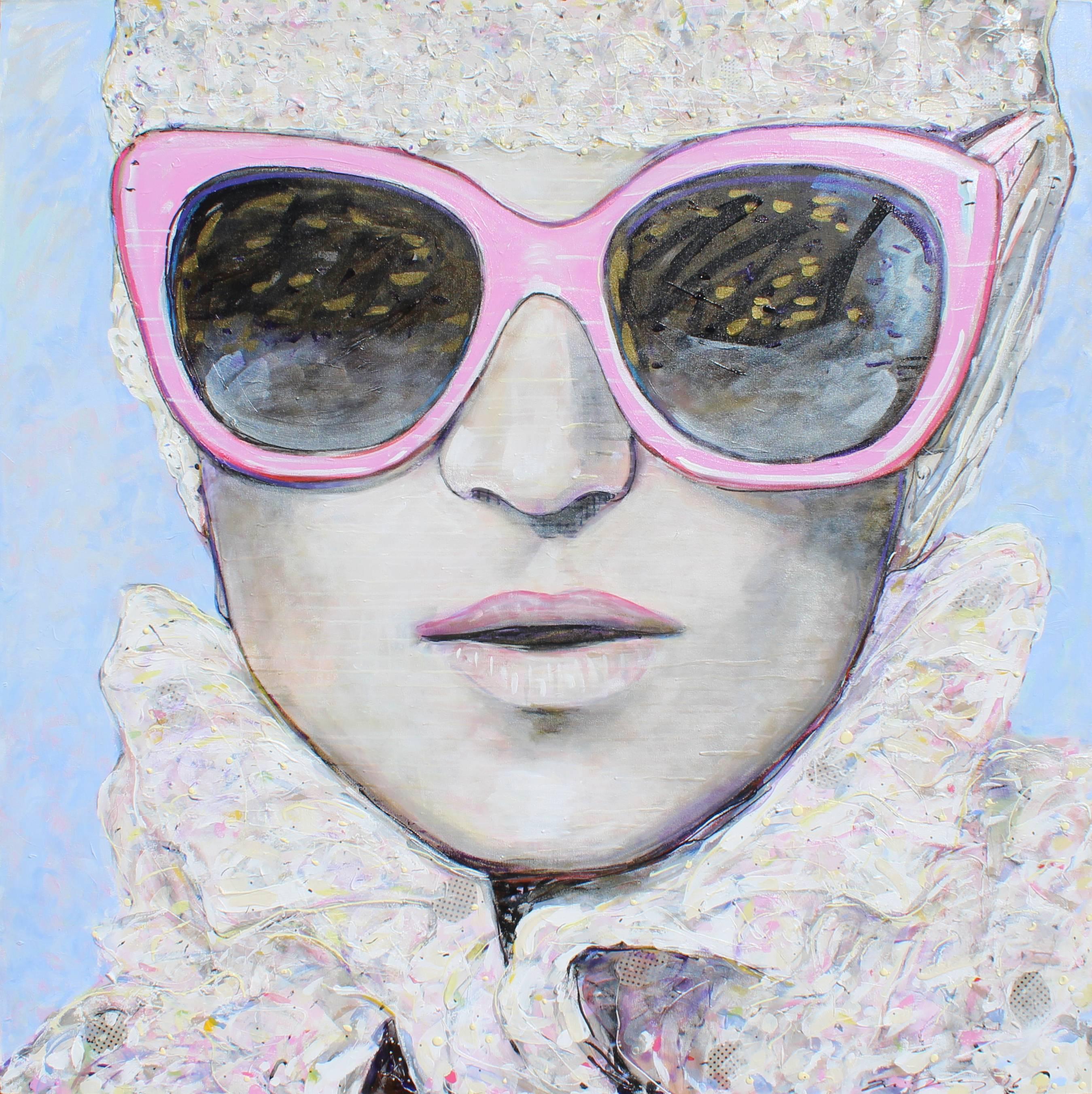 José Gonçalves Portrait Painting - Mixed Media Portrait of Woman with Sunglasses // Rosa