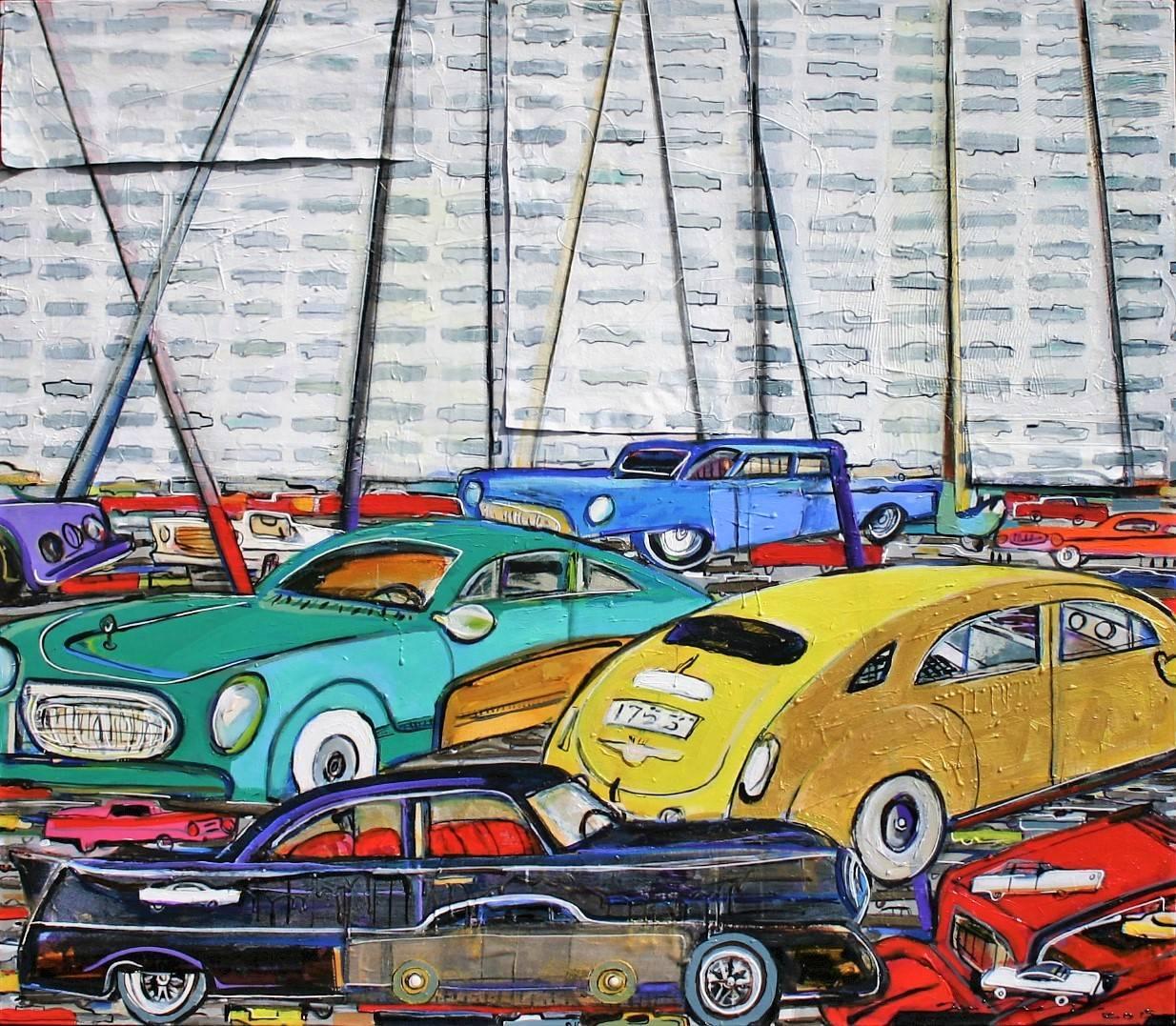 Drive-In Movie Lot on Multilayered Canvas // The Fifties  - Mixed Media Art by José Gonçalves