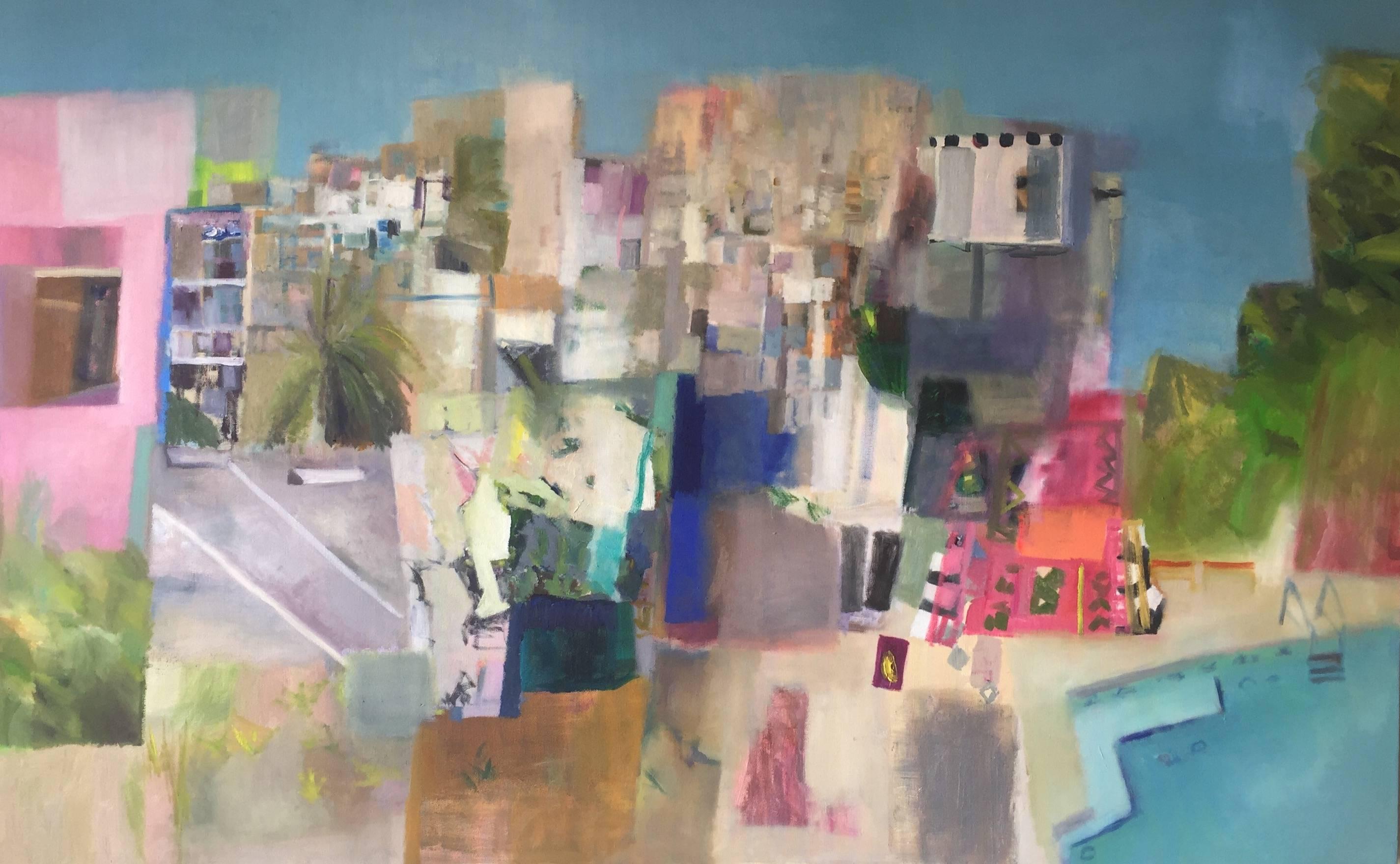 Sonia Calderon Abstract Painting - Fiona's Poolside Retreat