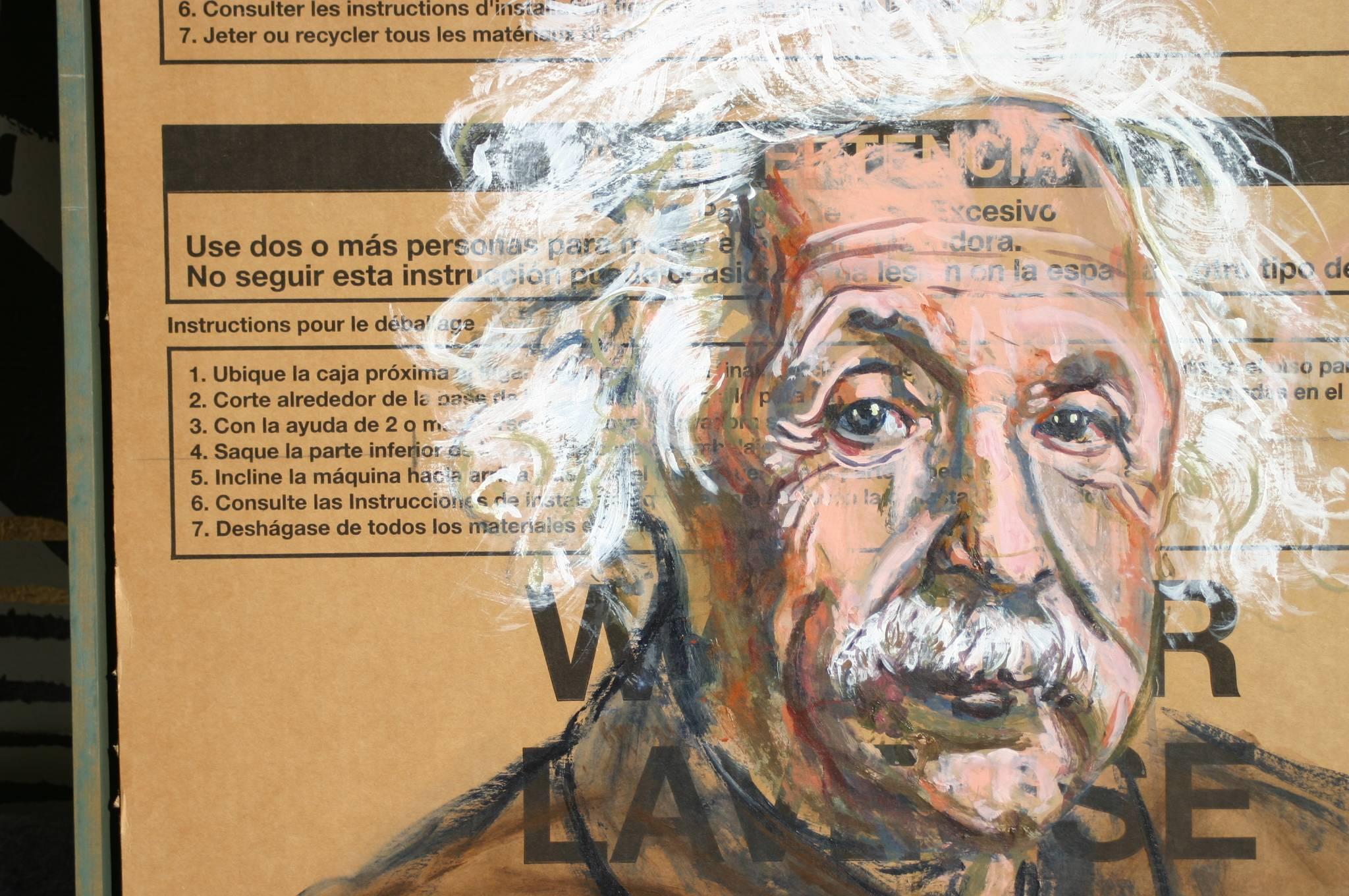 Gestural Portrait of Albert Einstein (Acrylic on Appliance Box Cardboard) - Expressionist Painting by Ann Strassman