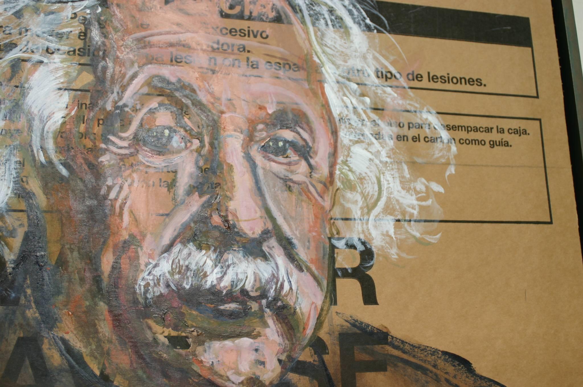 Gestural Portrait of Albert Einstein (Acrylic on Appliance Box Cardboard) - Brown Portrait Painting by Ann Strassman