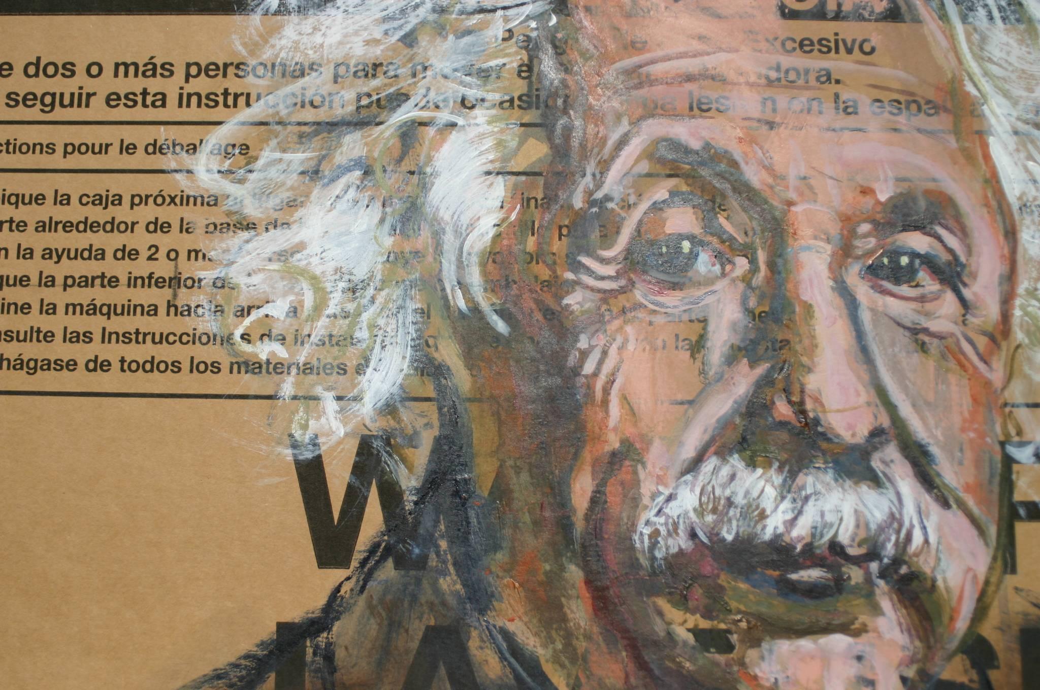 Dishwasher VII (Einstein)
21 X 27 inches // acrylics on flattened appliance cardboard
21.5 X 27.5 X 2 inches framed // sunken wooden floater frame, light green

ABOUT THIS SERIES // Acrylics on Flattened Appliance Box Cardboard
The nature of these