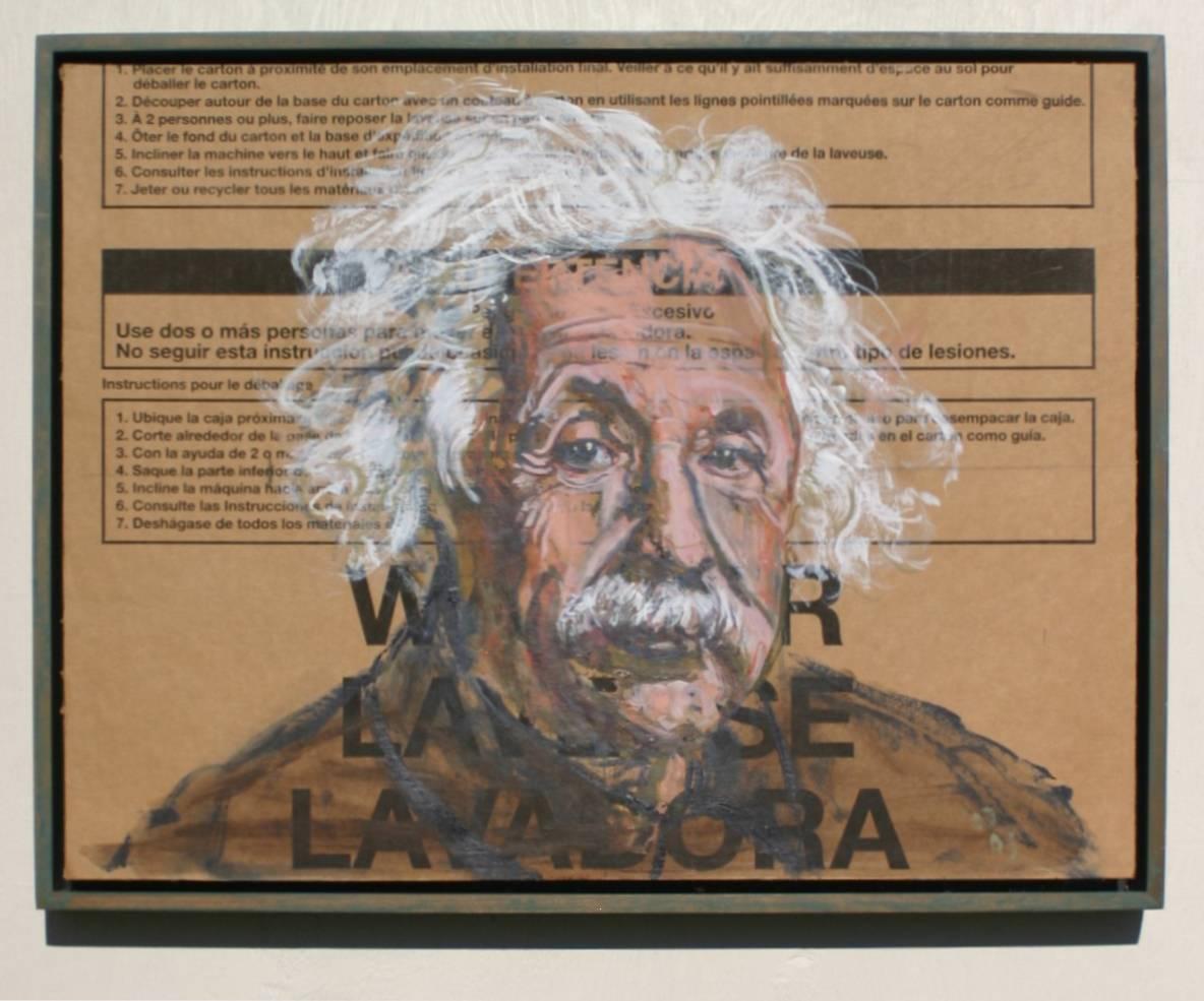 Gestural Portrait of Albert Einstein (Acrylic on Appliance Box Cardboard) - Painting by Ann Strassman