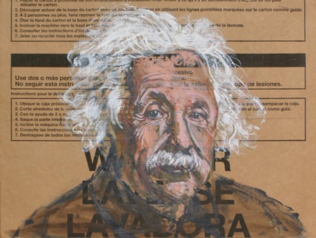 Ann Strassman Portrait Painting - Gestural Portrait of Albert Einstein (Acrylic on Appliance Box Cardboard)
