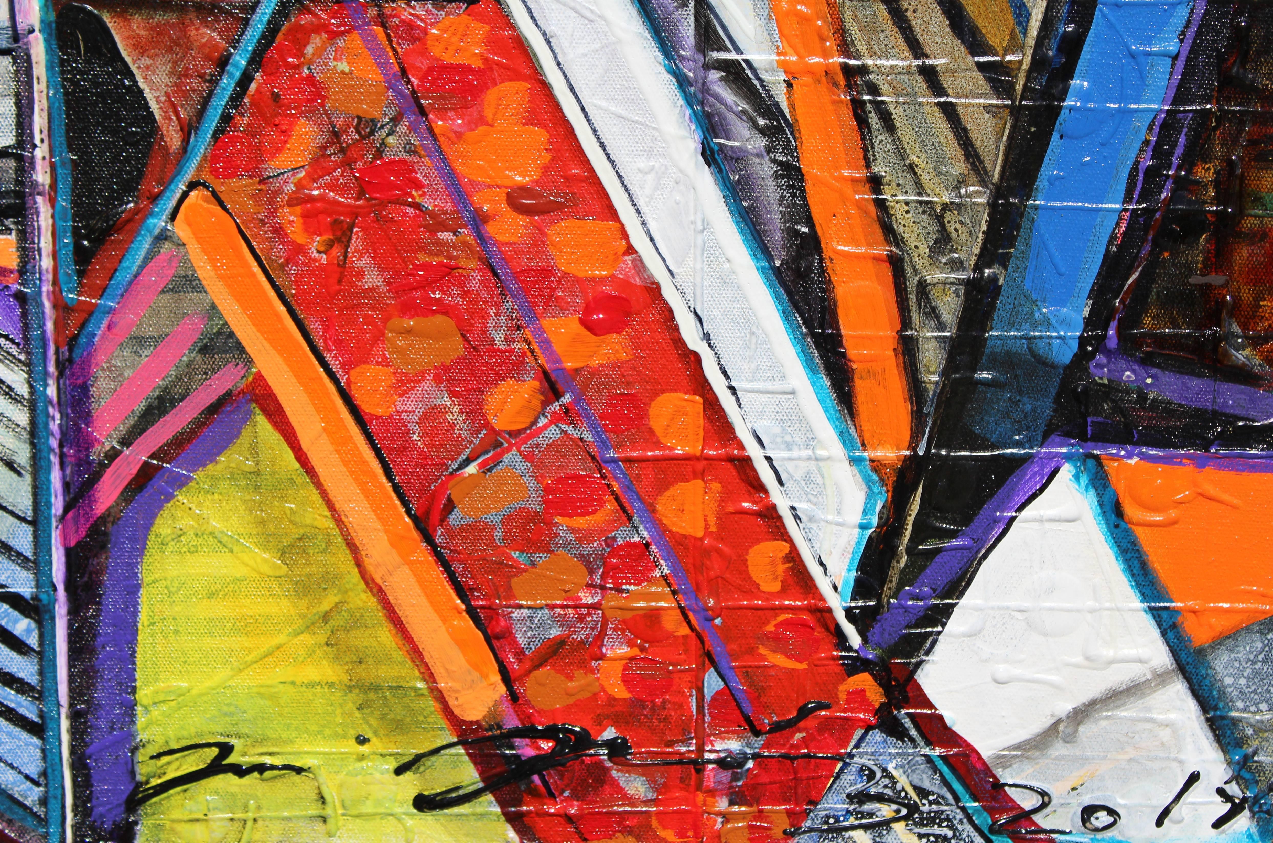 Colorful Multimedia Painting of a Crowded, Rainy Street Scene - Brown Figurative Painting by José Gonçalves