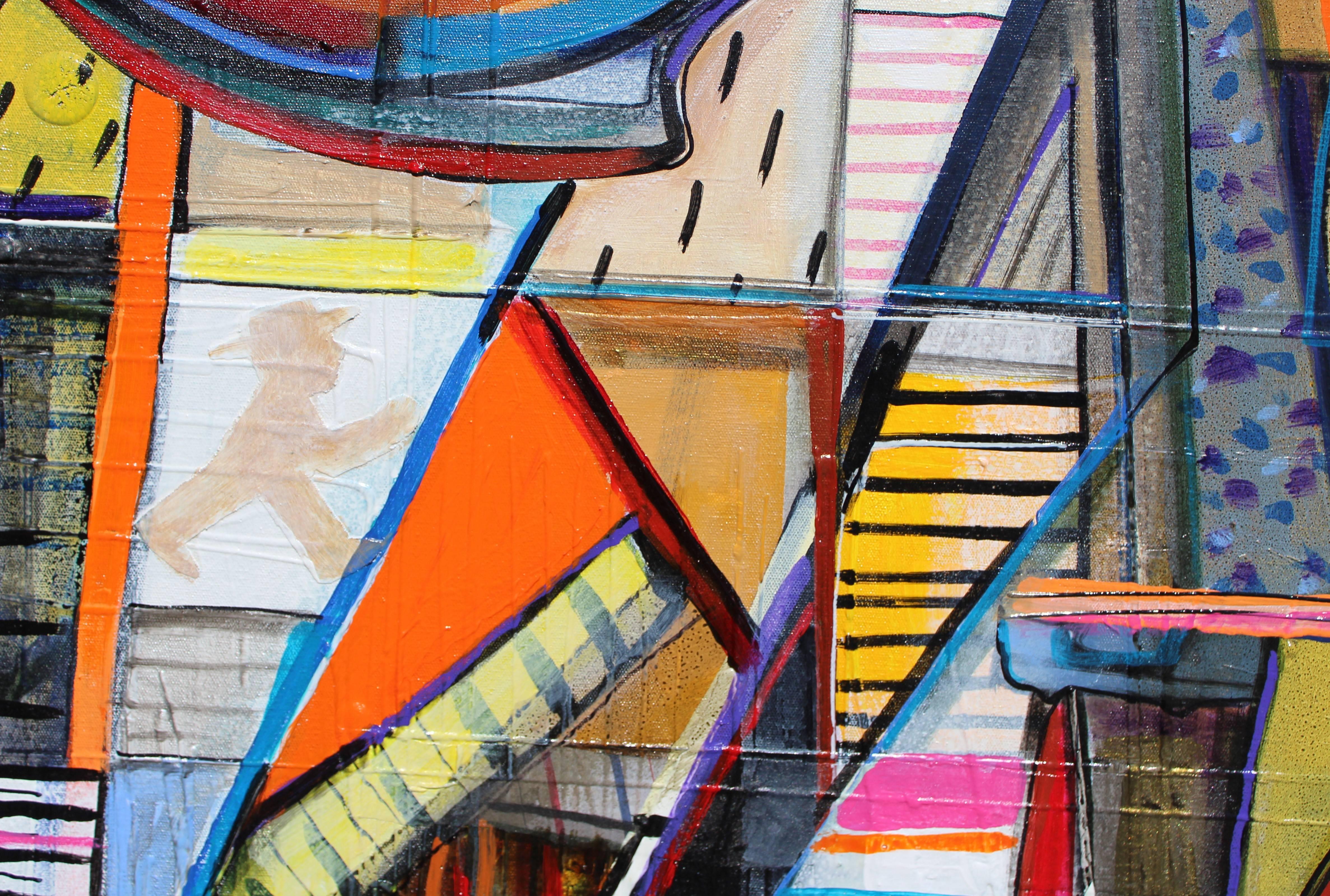 On the Road with Rain (No Camino com Chuva)
41 X 71 inches // mixed media on canvas
42 X 72 inches framed // black wooden floater frame

Highly textural, abstracted piece with a strong sense of movement. Colorful, modern figures walk briskly through