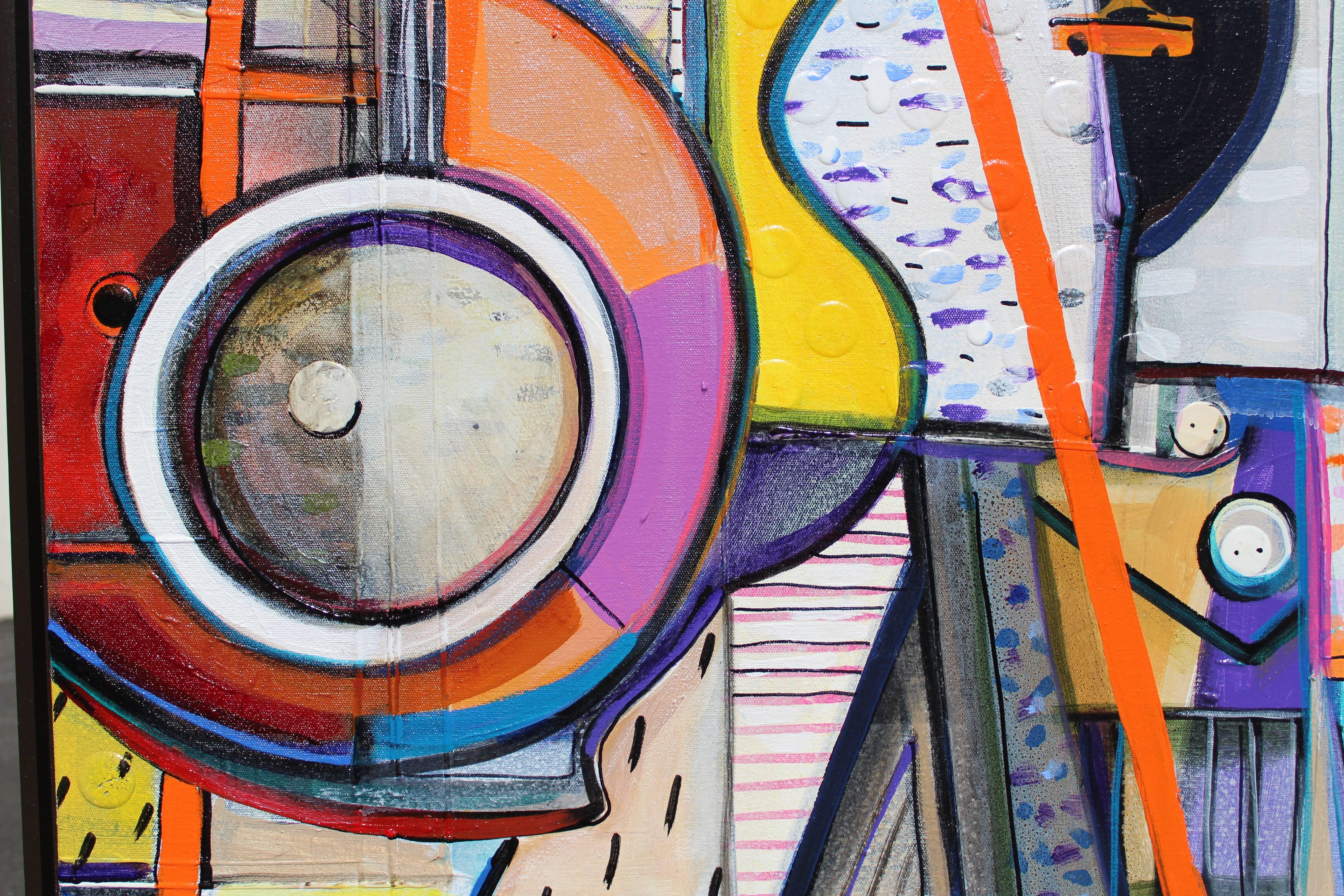 Colorful Multimedia Painting of a Crowded, Rainy Street Scene For Sale 1