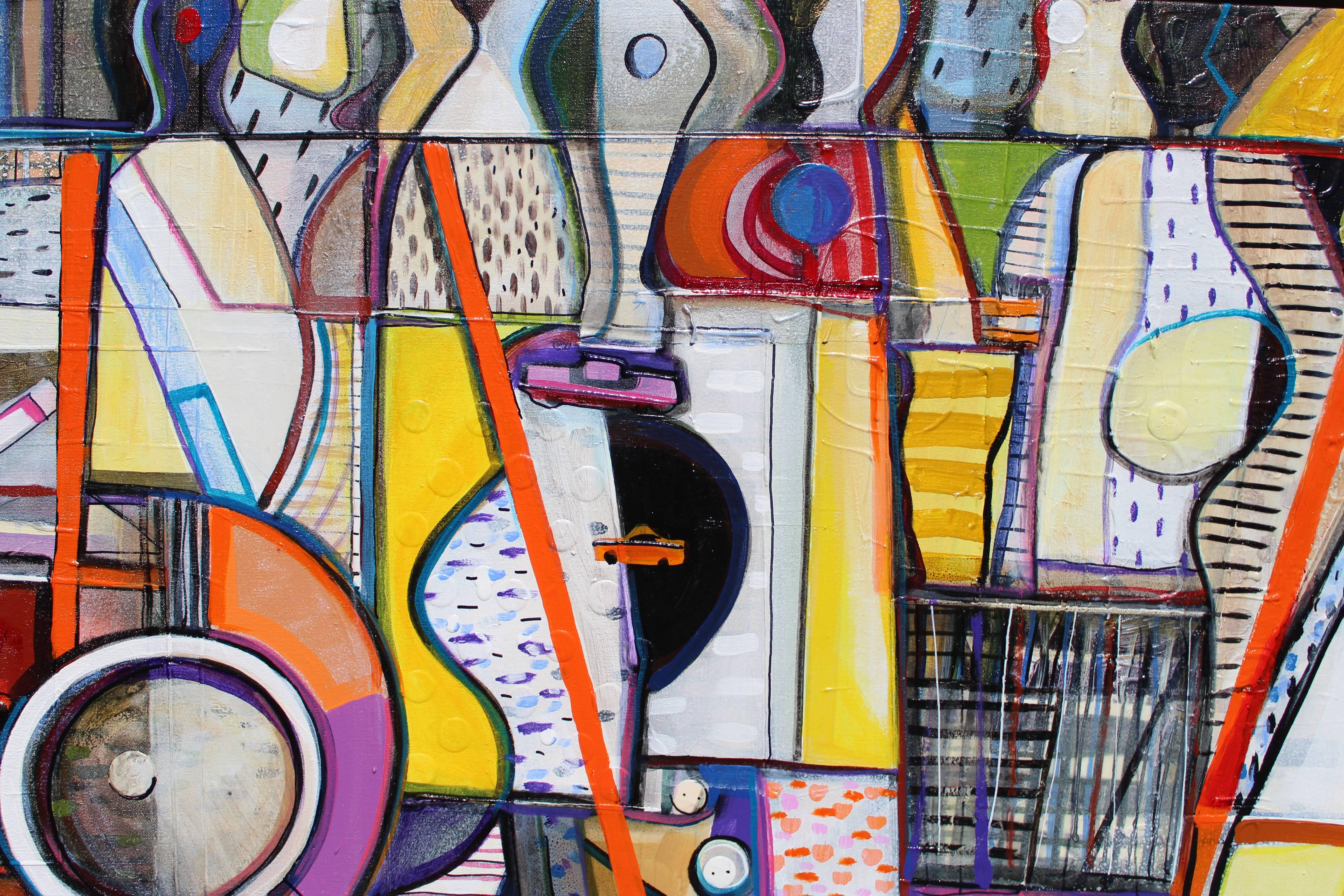 Colorful Multimedia Painting of a Crowded, Rainy Street Scene For Sale 2