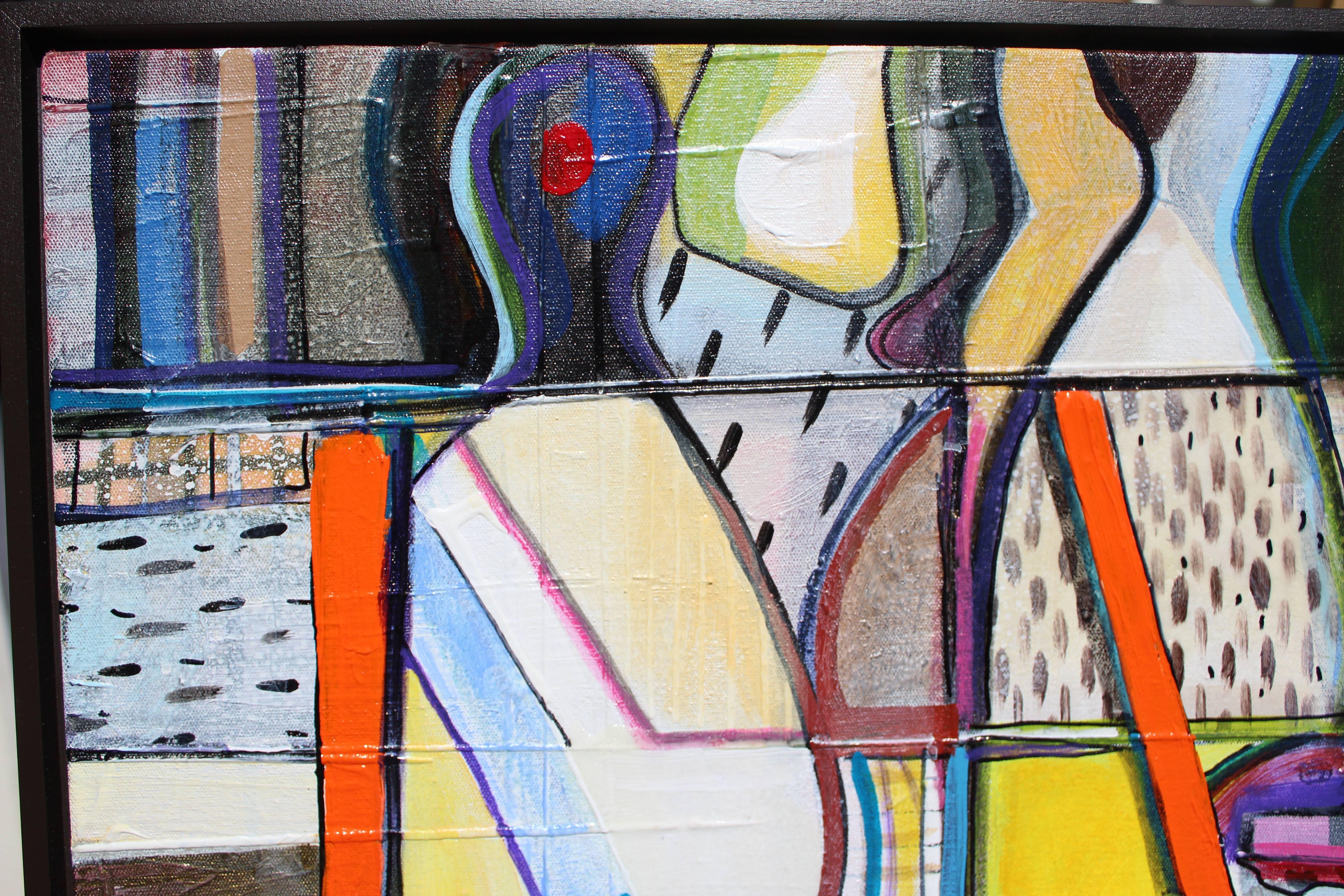 Colorful Multimedia Painting of a Crowded, Rainy Street Scene For Sale 3