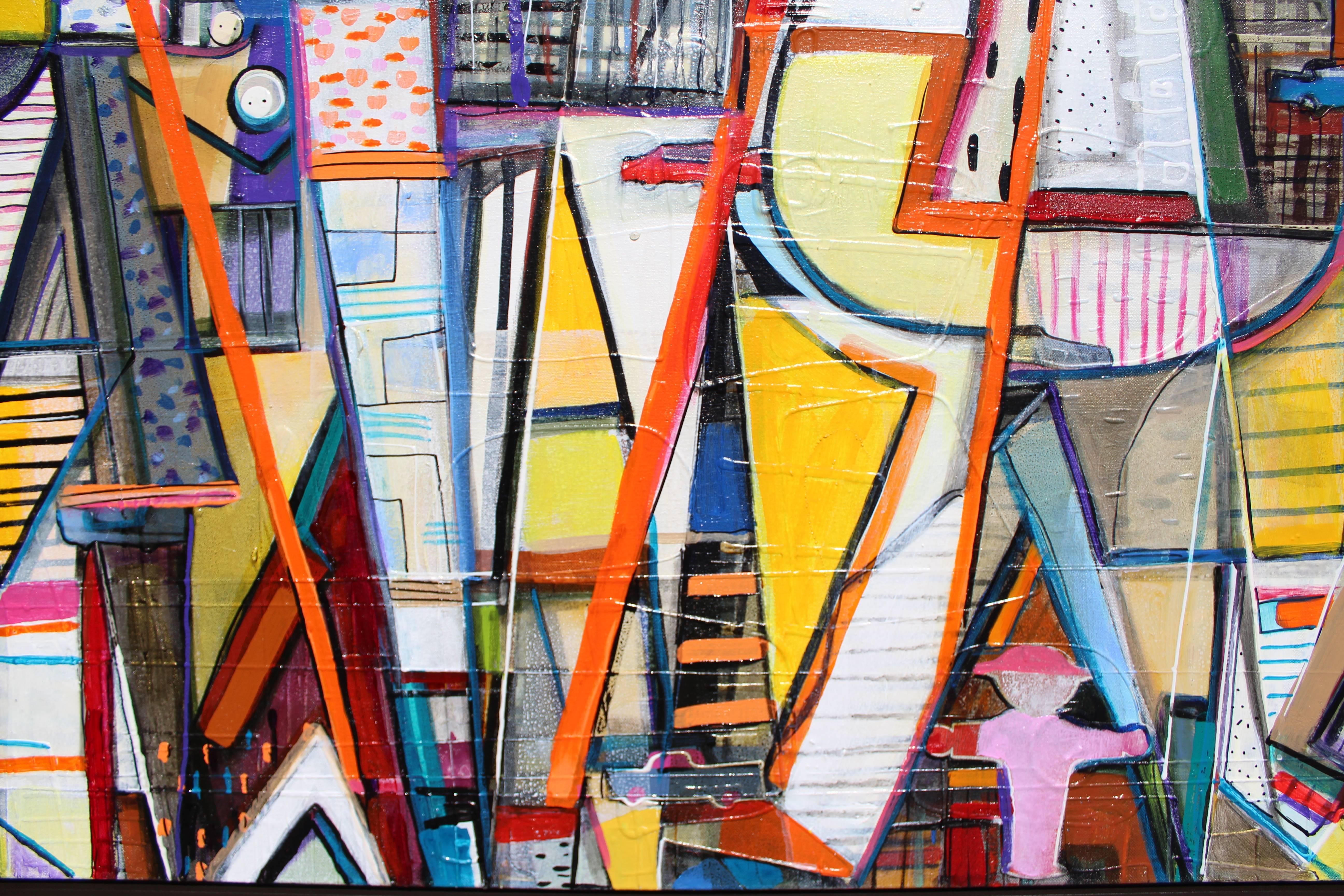 Colorful Multimedia Painting of a Crowded, Rainy Street Scene For Sale 4