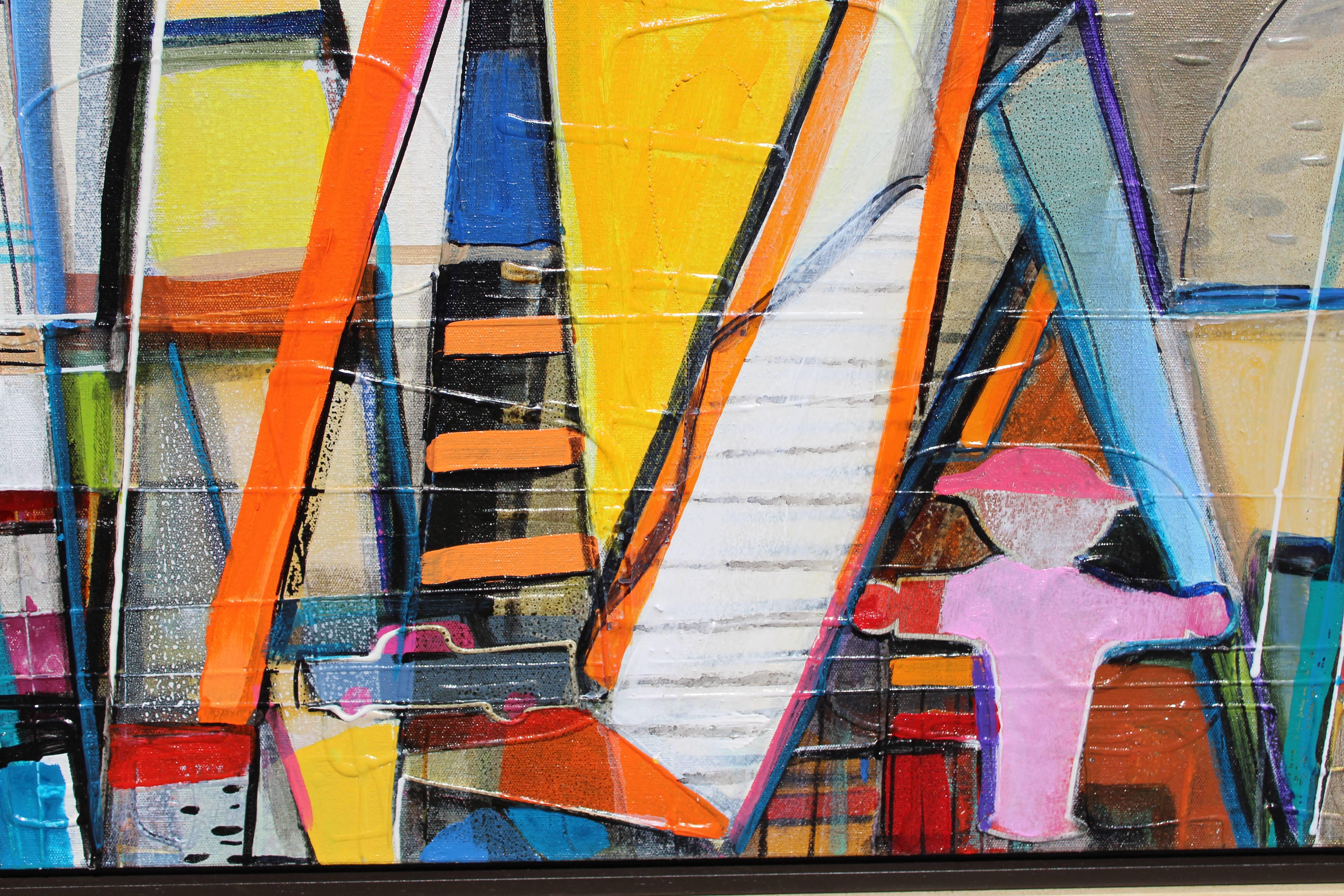 Colorful Multimedia Painting of a Crowded, Rainy Street Scene For Sale 5