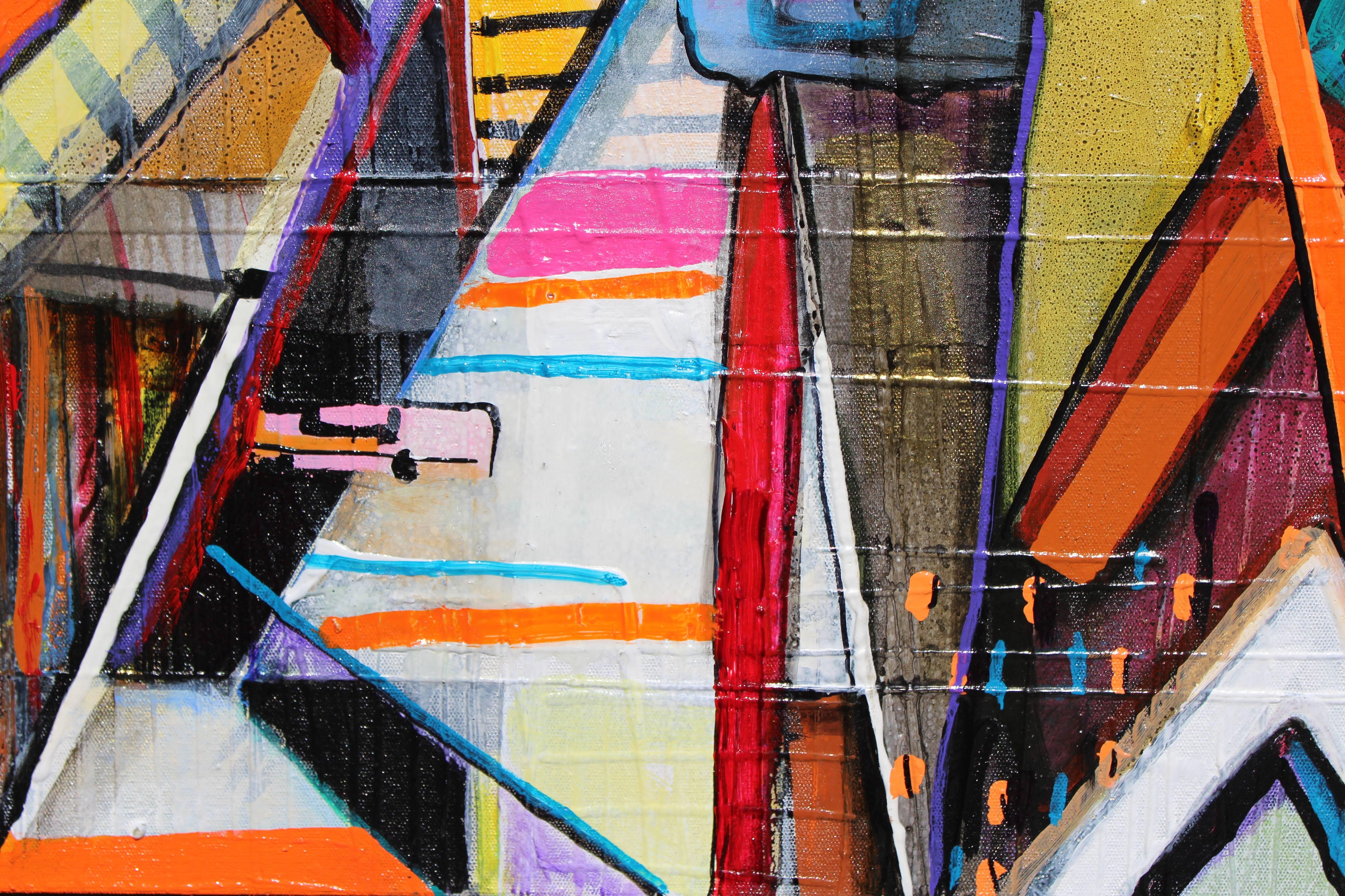 Colorful Multimedia Painting of a Crowded, Rainy Street Scene For Sale 6