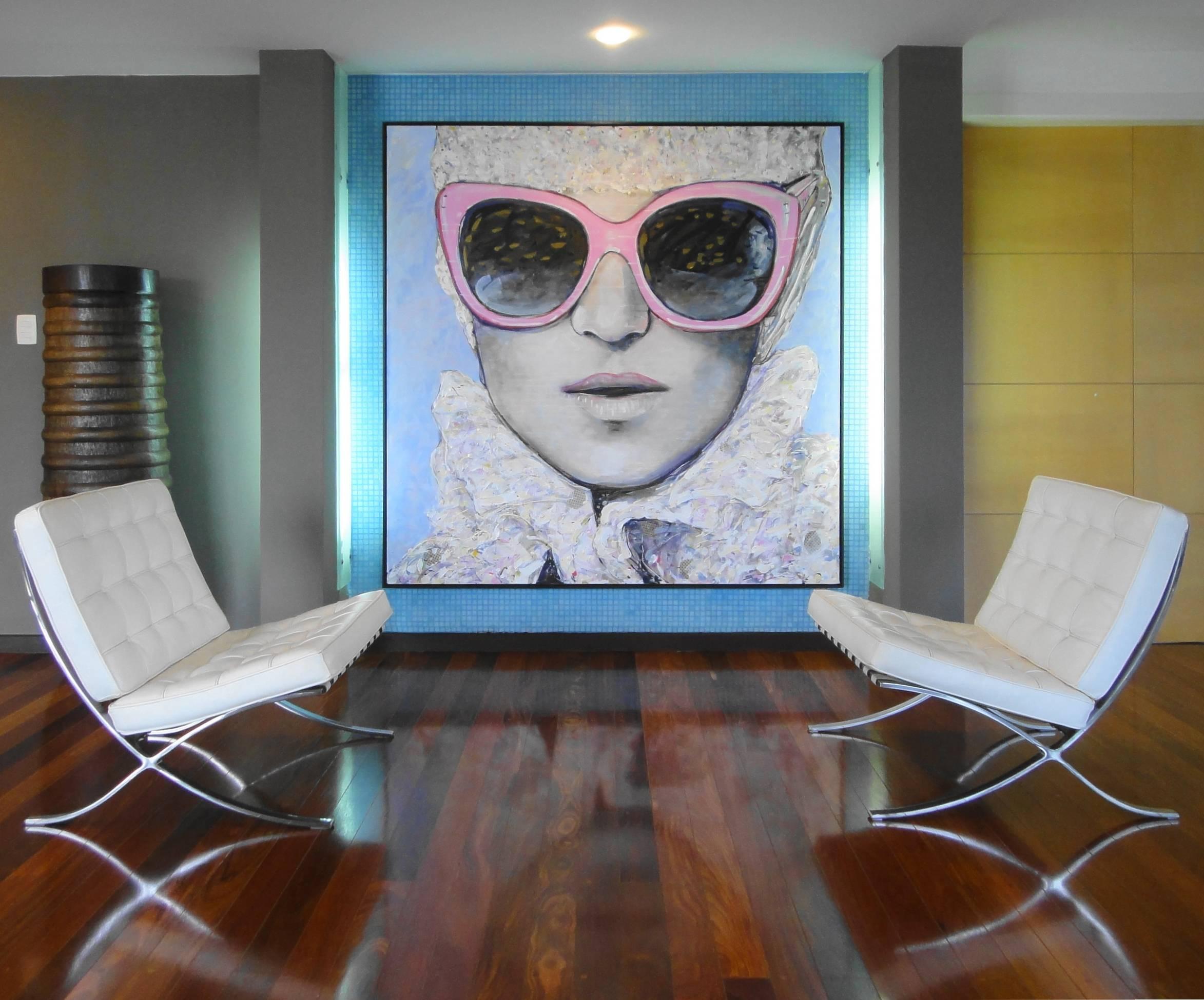 Mixed Media Portrait of Woman with Sunglasses // Rosa - Painting by José Gonçalves