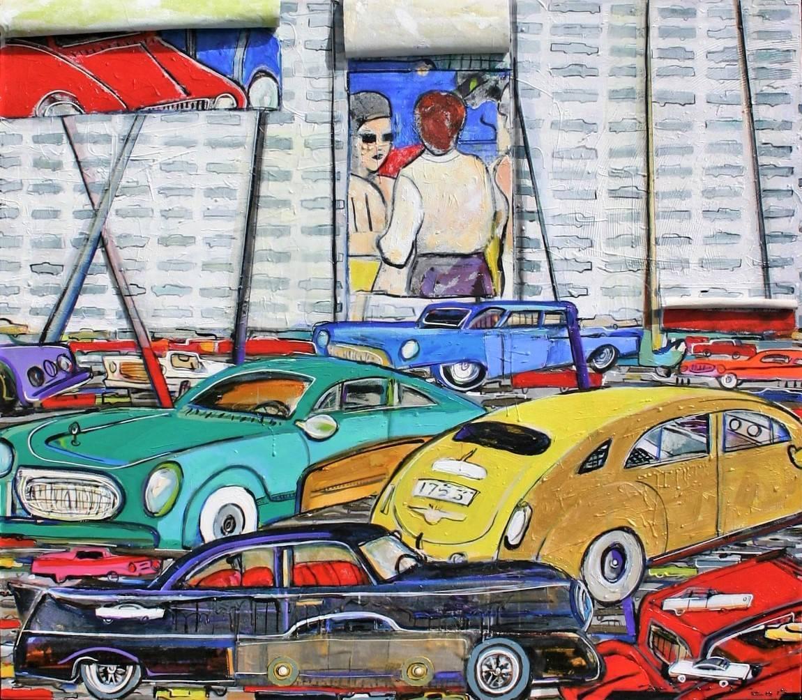 Drive-In Movie Lot on Multilayered Canvas // The Fifties  - Modern Mixed Media Art by José Gonçalves