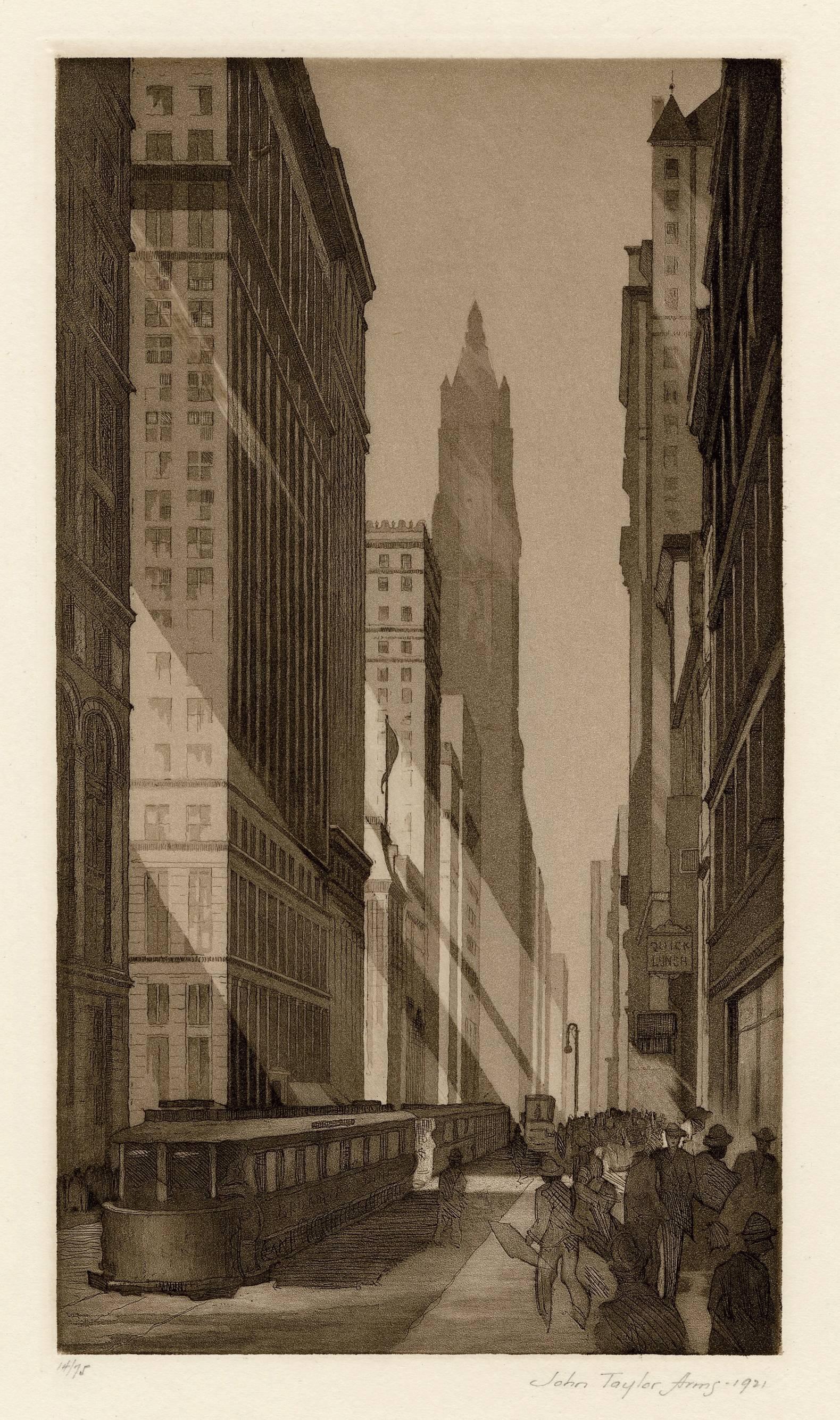 John Taylor Arms Landscape Print - 'Downtown, New York' — 1920s Modernism