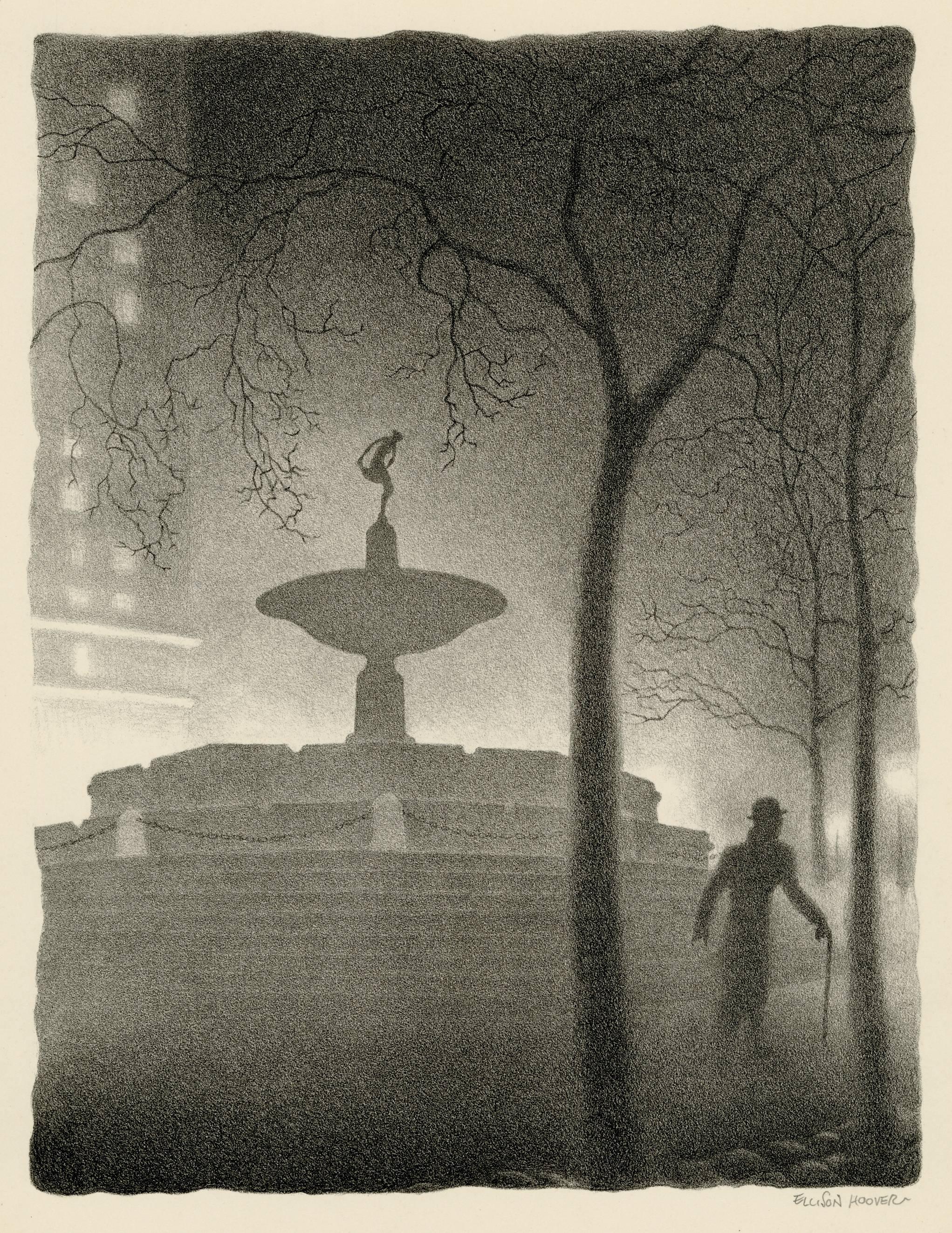 Ellison Hoover Landscape Print - 'Pulitzer Fountain, Evening" — 1940s American Modernism, New York City