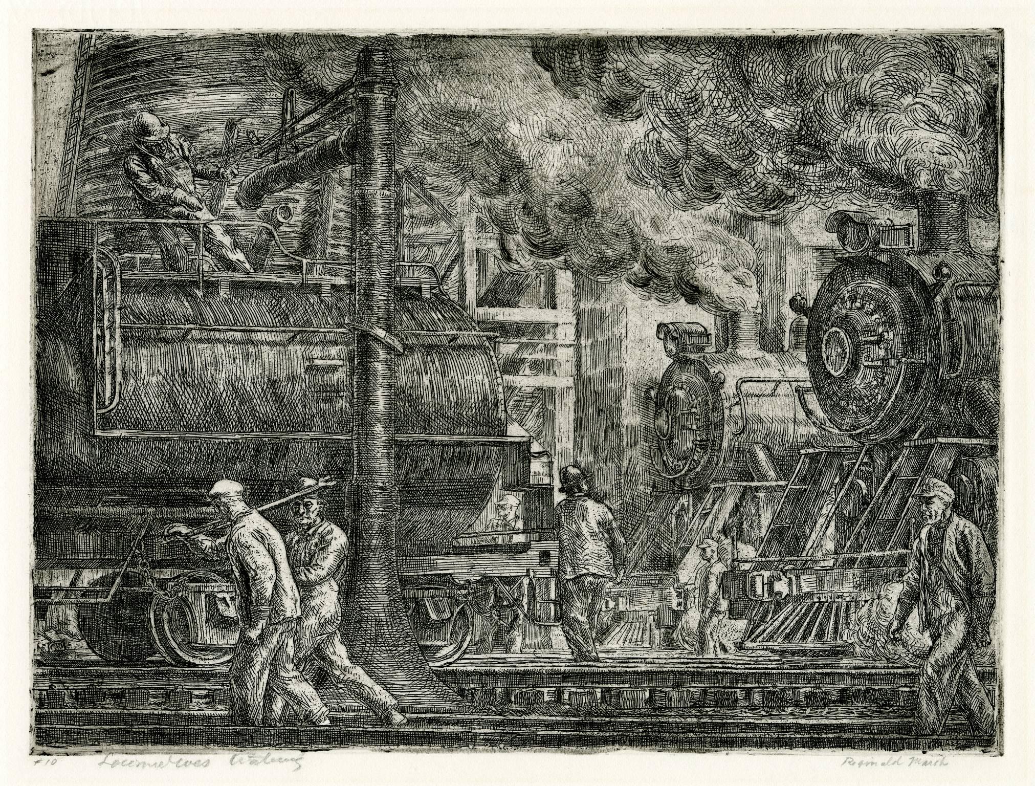 Reginald Marsh Print - Locomotives Watering (Erie R.R. Locos Watering)