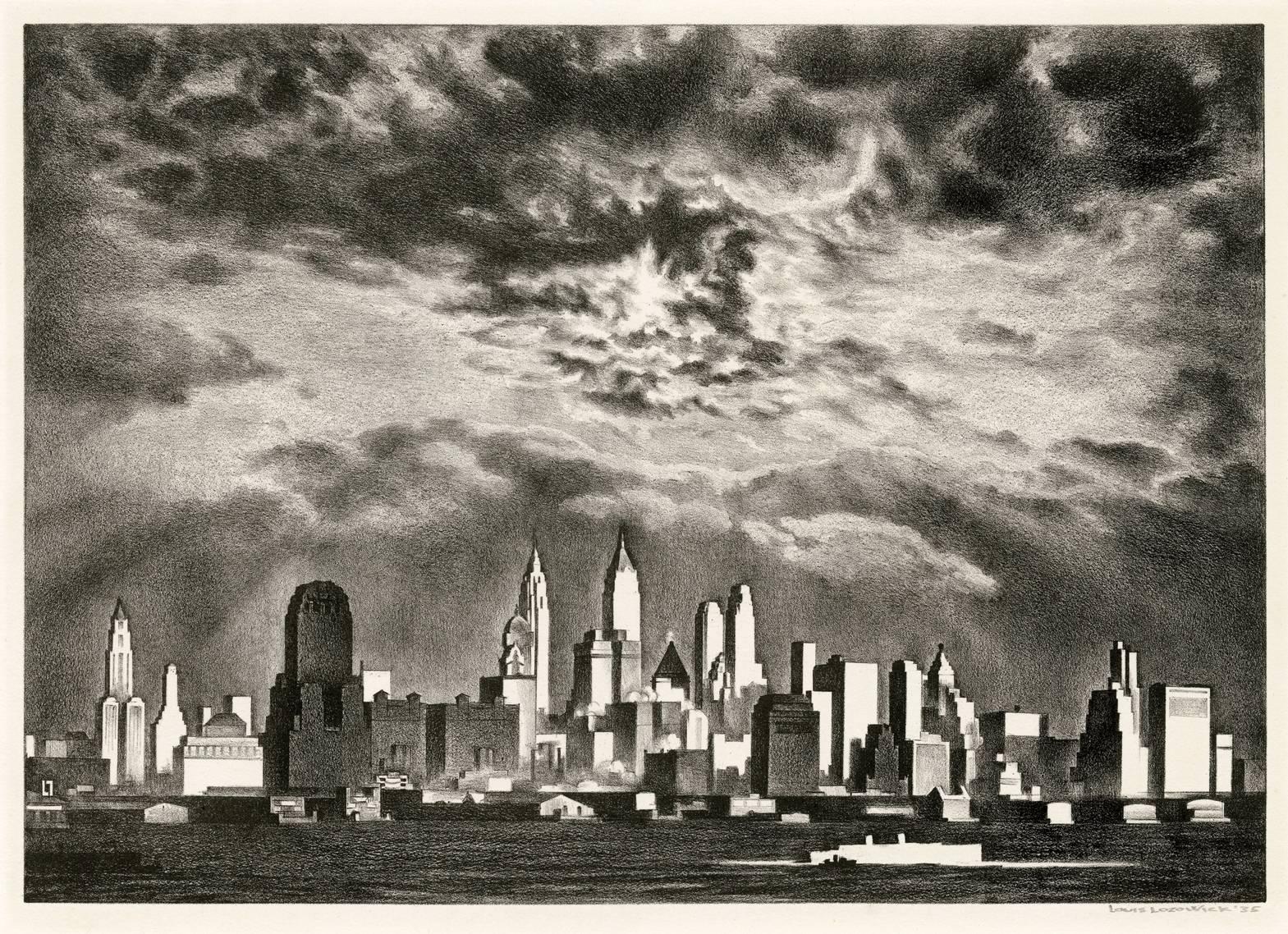 Louis Lozowick Landscape Print -  Storm Clouds Over Manhattan 