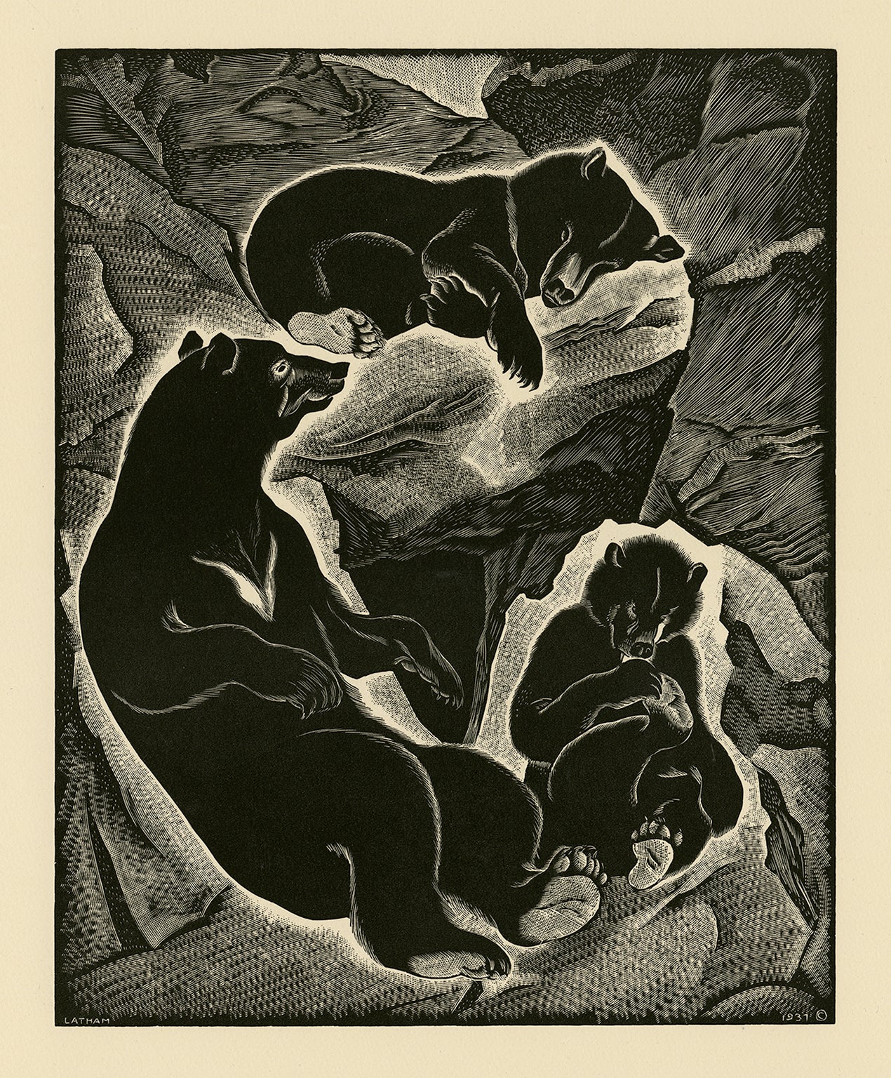 Une famille d'ours — Gravure sur bois originale de 1937