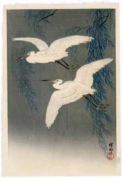 'Egrets In Rain' — Japanese Woodblock Kacho-e, Rare Early Impression