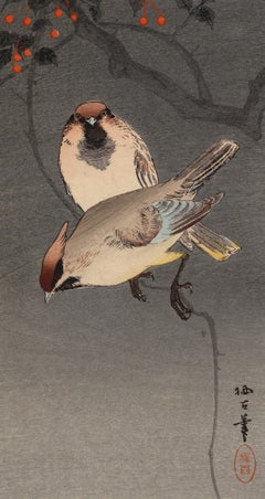 Moineaux des arbres et nandina — Estampe kachō-ga de la période Meiji, réalisée par une femme artiste