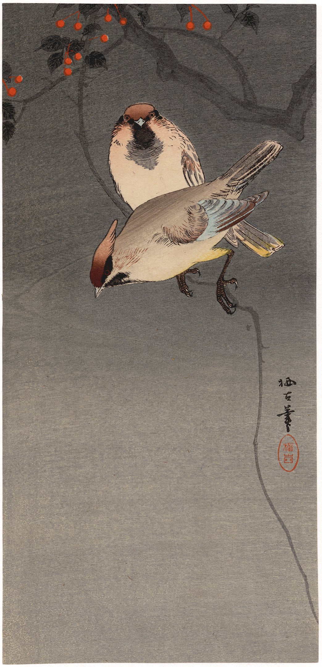 Okuhara Seiko Animal Print - Tree Sparrows and Nandina — Meji Period kachō-ga Woodblock Print, Woman Artist
