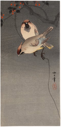 Moineaux des arbres et nandina — Estampe kachō-ga de la période Meiji, réalisée par une femme artiste