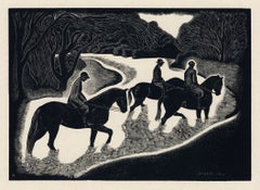 Fording the Stream — 1936 Taos Regionalist Wood Engraving, Woman Artist