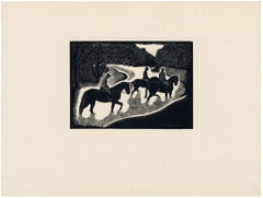 Fording the Stream — 1936 Taos Regionalist Wood Engraving, Woman Artist