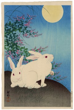 'Rabbits and the Moon' — Showa, Pre WWII Woodblock Print