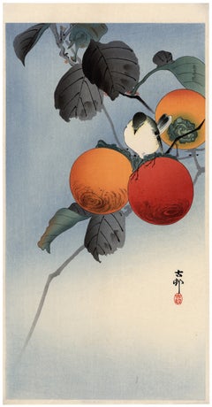 'Nuthatcher Atop Persimmons' — Early 20th-Century Kachō-e Woodblock Masterwork