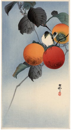 «Pájaro trepador sobre caquis» — Obra maestra del Kachō-e, grabado en madera de principios del siglo XX