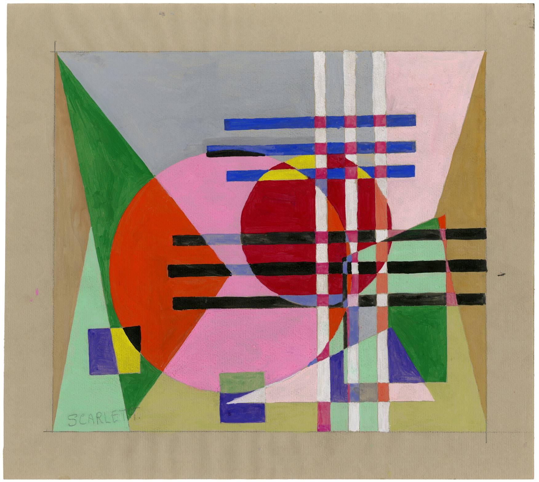 Gouache and pencil on buff wove paper, c. 1940. Signed in pencil, lower left. Image size 9 1/2 x 10 7/8 inches (241 x 267 mm); sheet size 12 x 13 1/4 inches (305 x 337 mm). A fine mid-century modernist, geometric abstraction, with clean, fresh