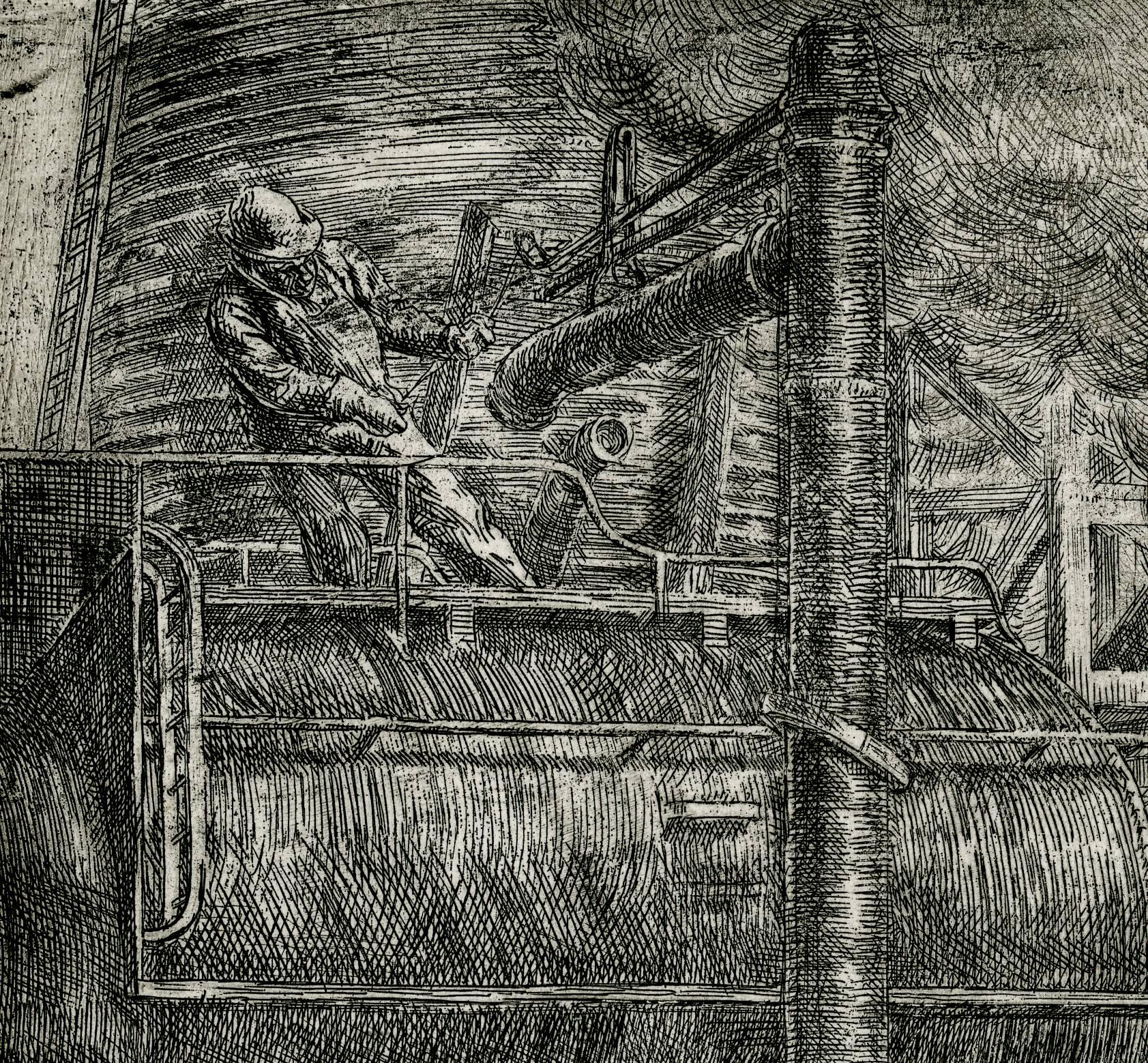 Locomotives Watering (Erie R.R. Locos Watering) - Black Print by Reginald Marsh