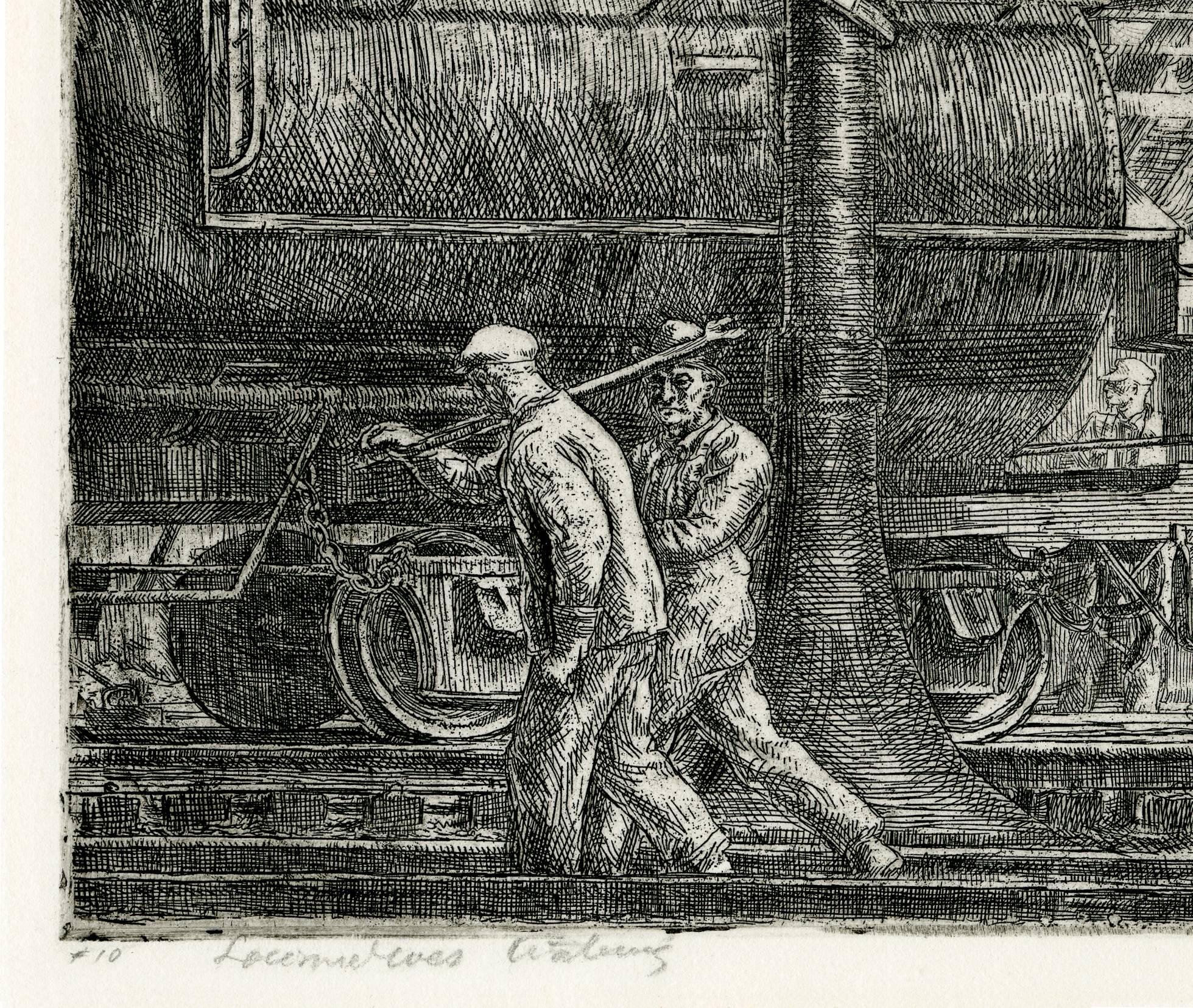 Locomotives Watering (Erie R.R. Locos Watering) - American Realist Print by Reginald Marsh
