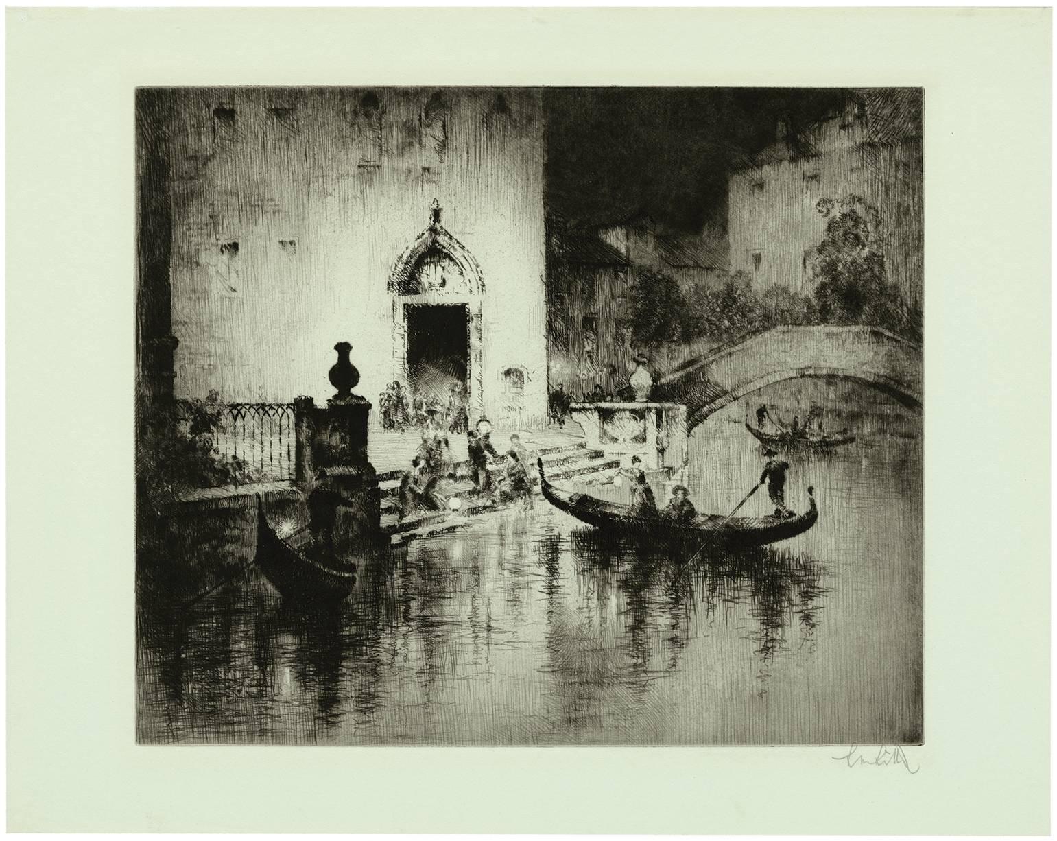 Untitled (Venice Night) — 1920s Impressionist Nocturne - Gray Landscape Print by Sidney Mackenzie Litten