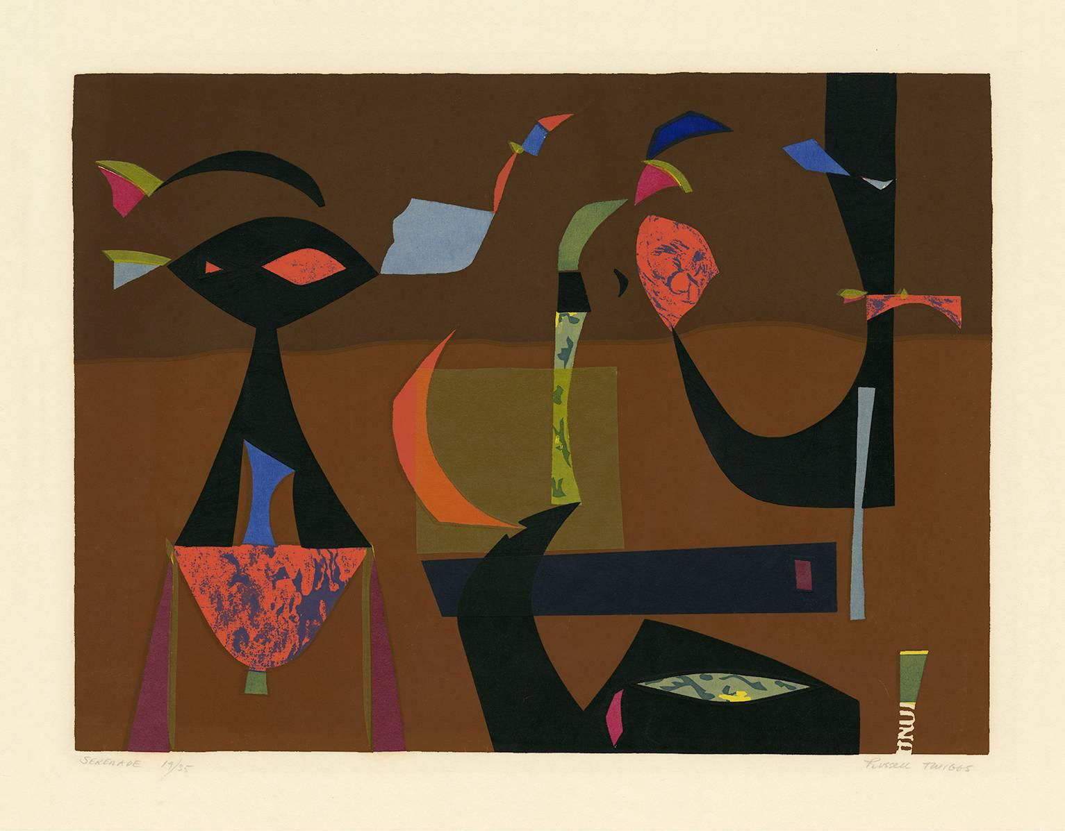 A dynamic and whimsical mid-century modernist serigraph, with rich, fresh colors. Signed titled and numbered 14/35 in pencil; the full sheet in excellent condition.  Scarce.
Painter, graphic artist and teacher Russell Twiggs began exhibiting his