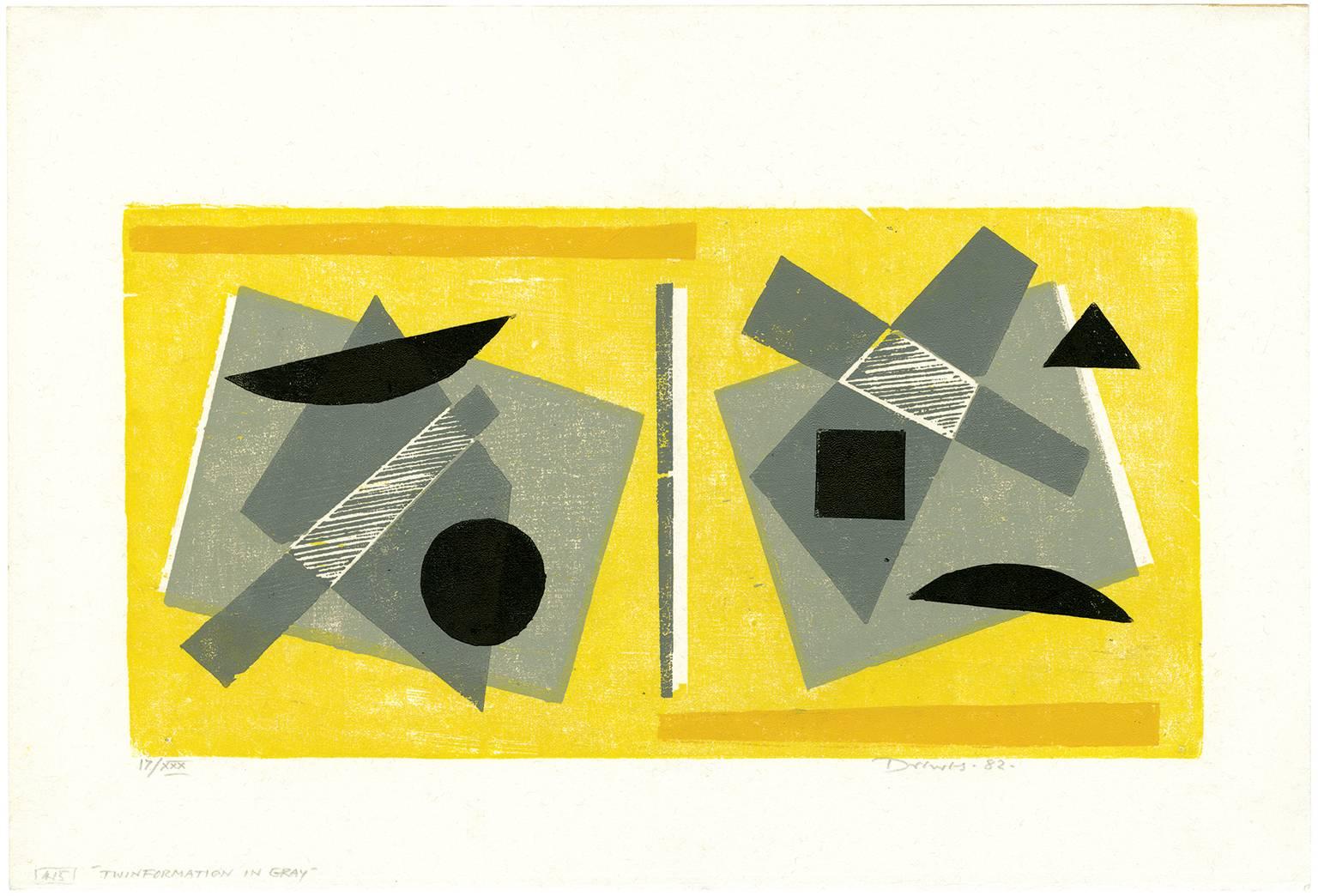 Twin Formation in Gray - Yellow Abstract Print by Werner Drewes