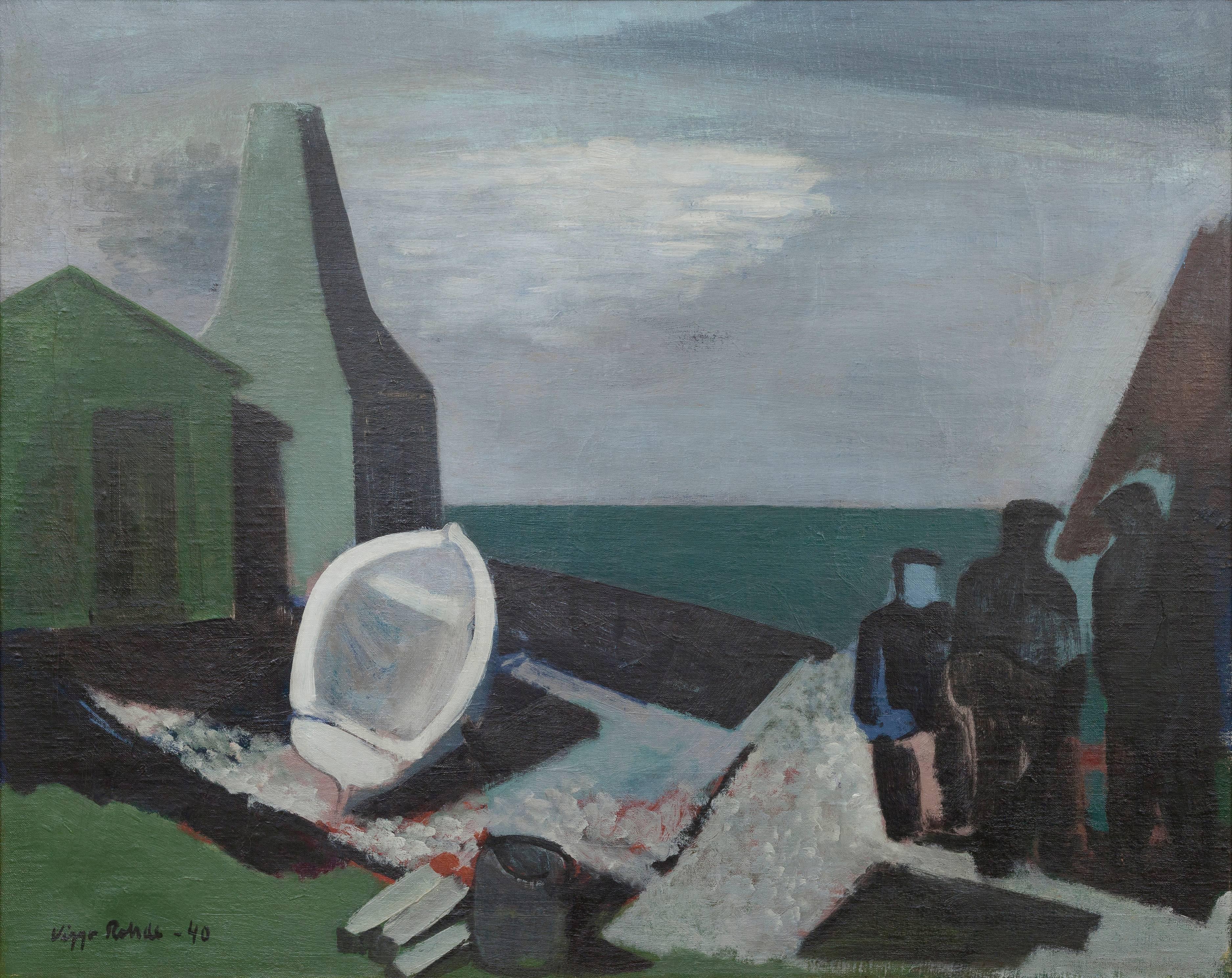 Viggo Rohde Figurative Painting - Fishermen and Smokehouse