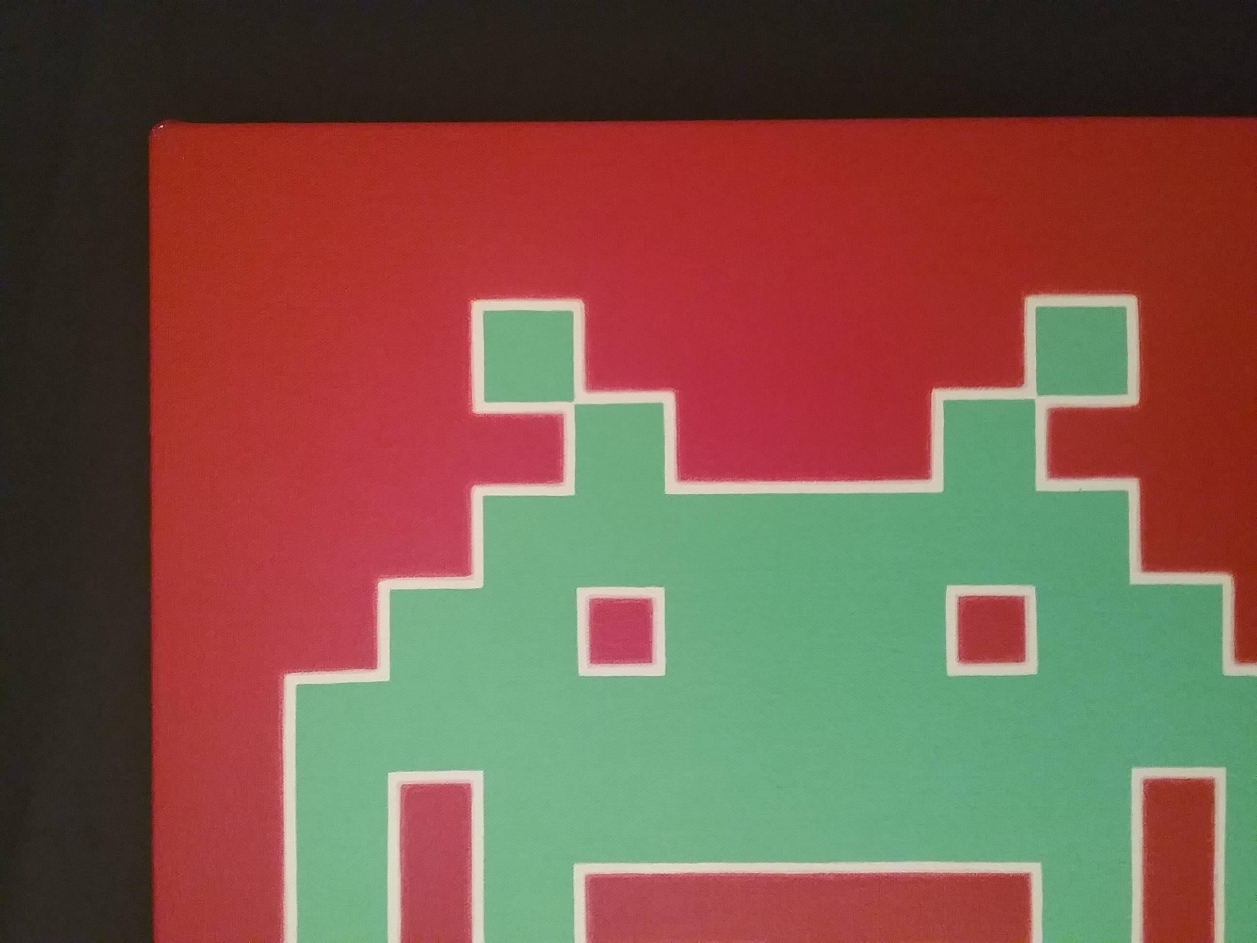 Painting.  Acrylic on canvas, laid on board.  Signed and dated April 2003.  Dimensions: 14inches x 14 inches.  Predominant colours: Red, green. 

David McKeran started making Space Invader paintings in the early 1990's, before the French artist,