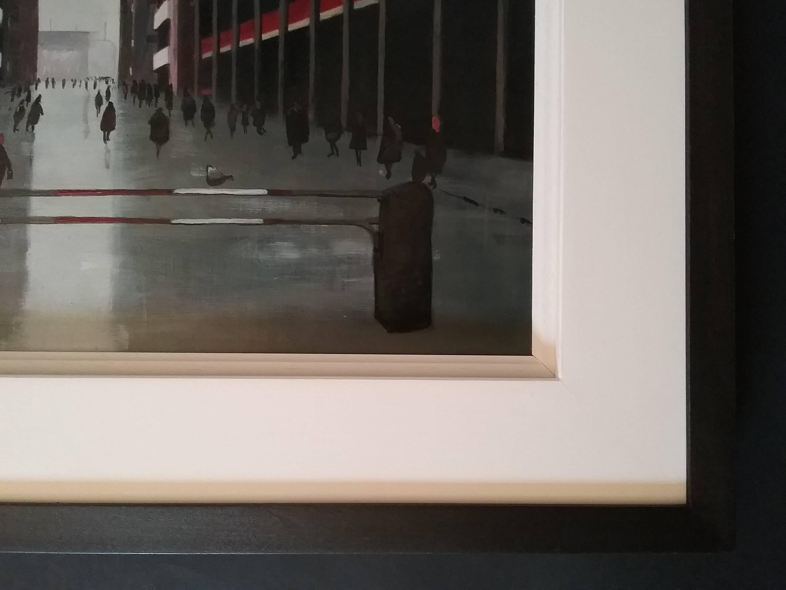 'Flats in Poplar'.  Oil on board painting by Janet Ledger, (b.1934). Predominant colours of grey and red.  Picture size: 25cms x 37cms.  Frame size 42cms x 55cms.  Signed lower left.  Titled verso, (underneath frame backboard).