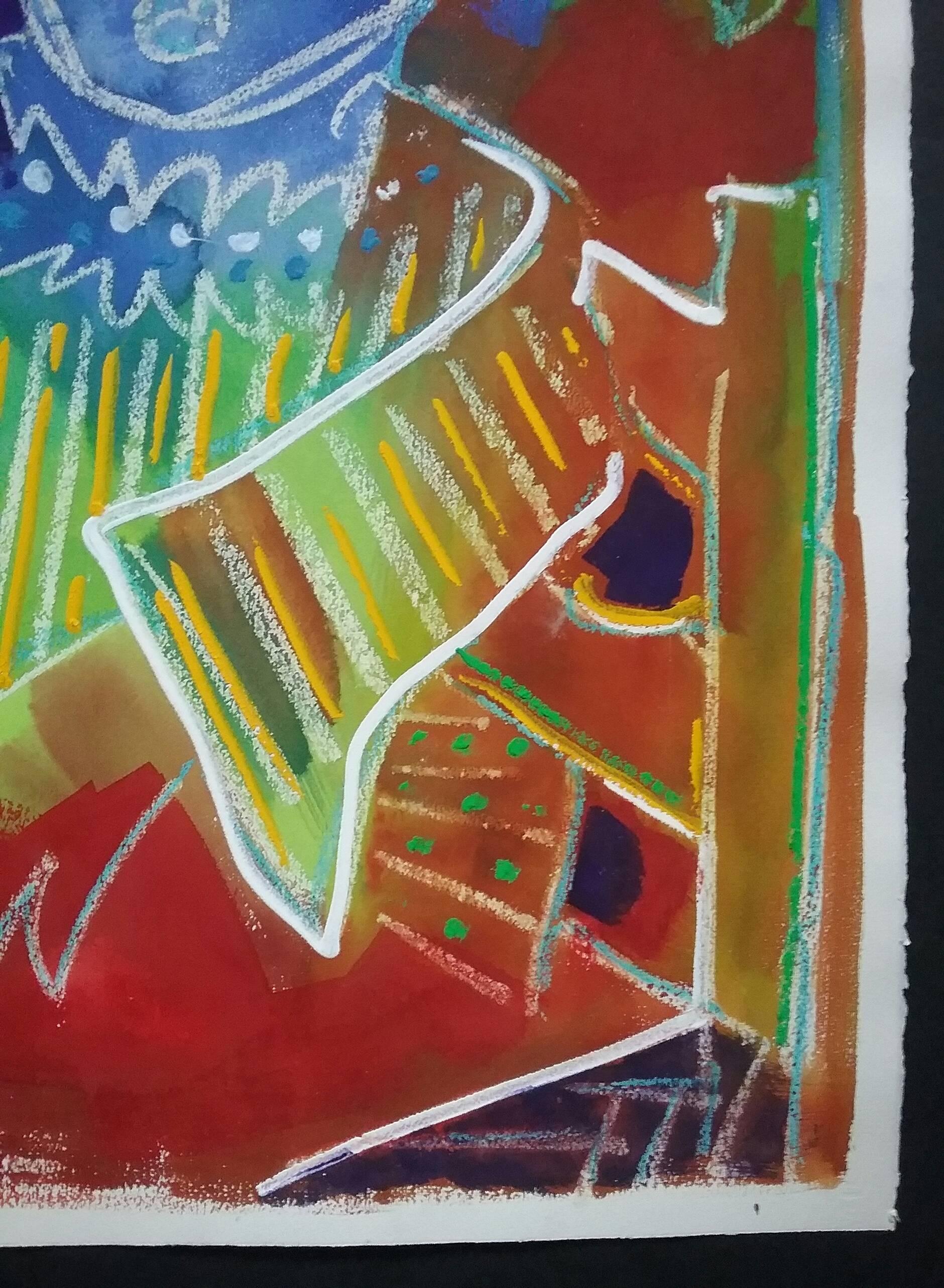 Title: Sam.  Artist: John Alvaro Caldas 1934-2006.  Oil/oil pastel/oil crayon on French arches paper.  Signed and dated '84.  30inches x 22 inches.  76cms x 56cms.  Unframed. Predominant colours of red, blue, yellow and green.

John Alvaro Caldas