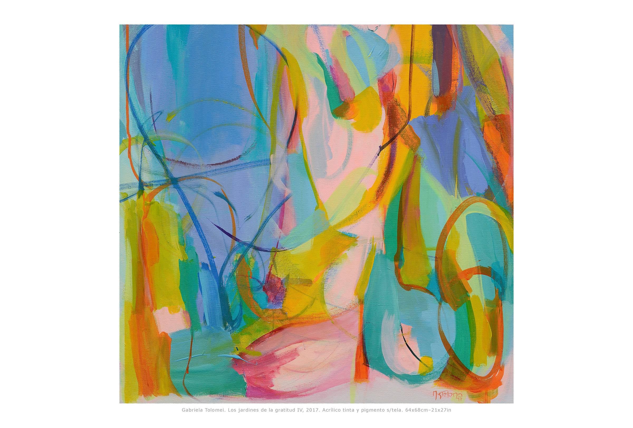 Tolomei uses her mastery of colors to create powerful abstract compositions. Her bold expressive brush strokes and fields of colors fills the canvas while the vibrant color combinations give her works power. All her paintings are filled with energy,