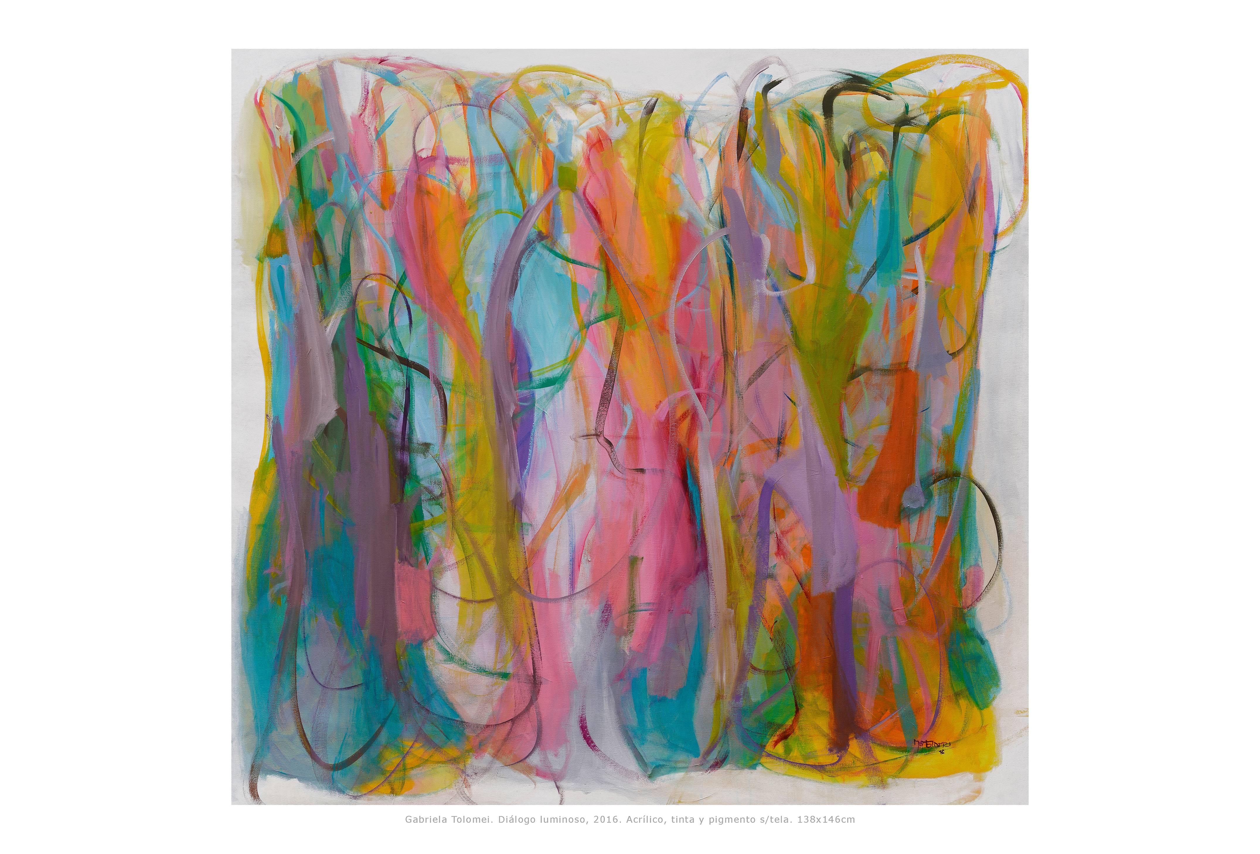 Tolomei uses her mastery of colors to create powerful abstract compositions. Her bold expressive brush strokes and fields of colors fills the canvas while the vibrant color combinations give her works power. All her paintings are filled with energy,