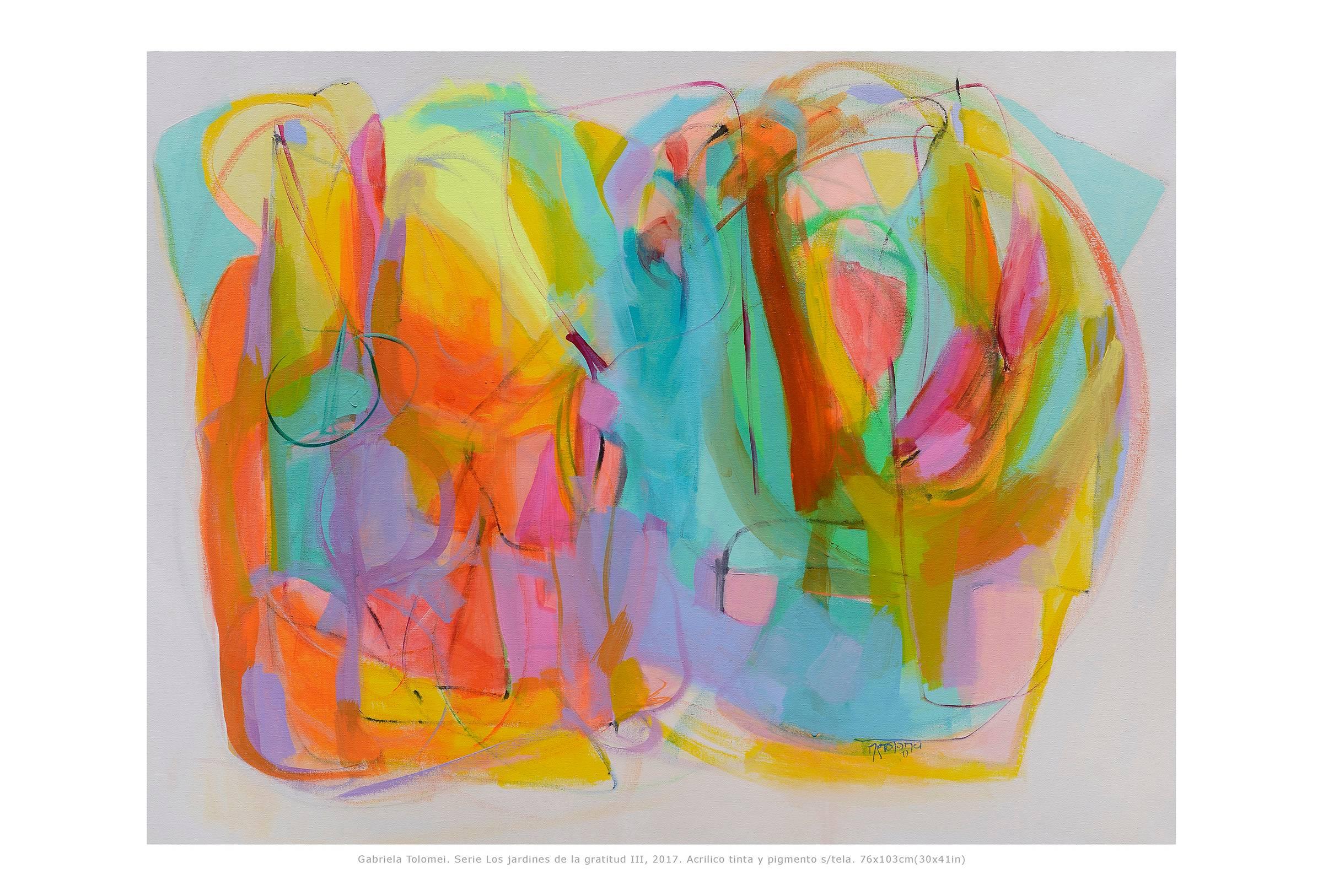 Tolomei uses her mastery of colors to create powerful abstract compositions. Her bold expressive brush strokes and fields of colors fills the canvas while the vibrant color combinations give her works power. All her paintings are filled with energy,