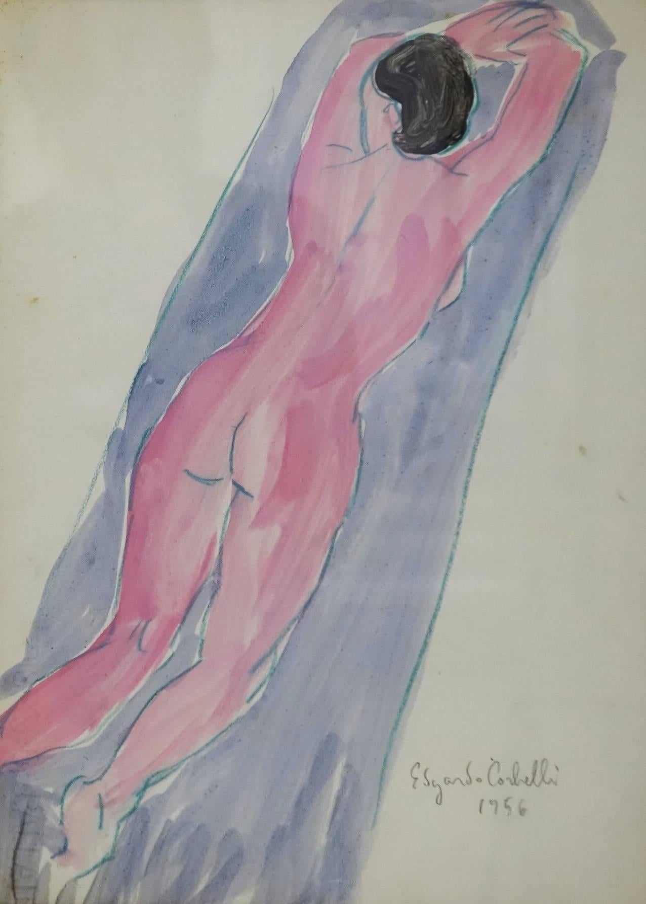 Edgardo Corbelli Figurative Art -  "Pink back nude "watercolor  cm. 24 x 33   1956 Free shipping