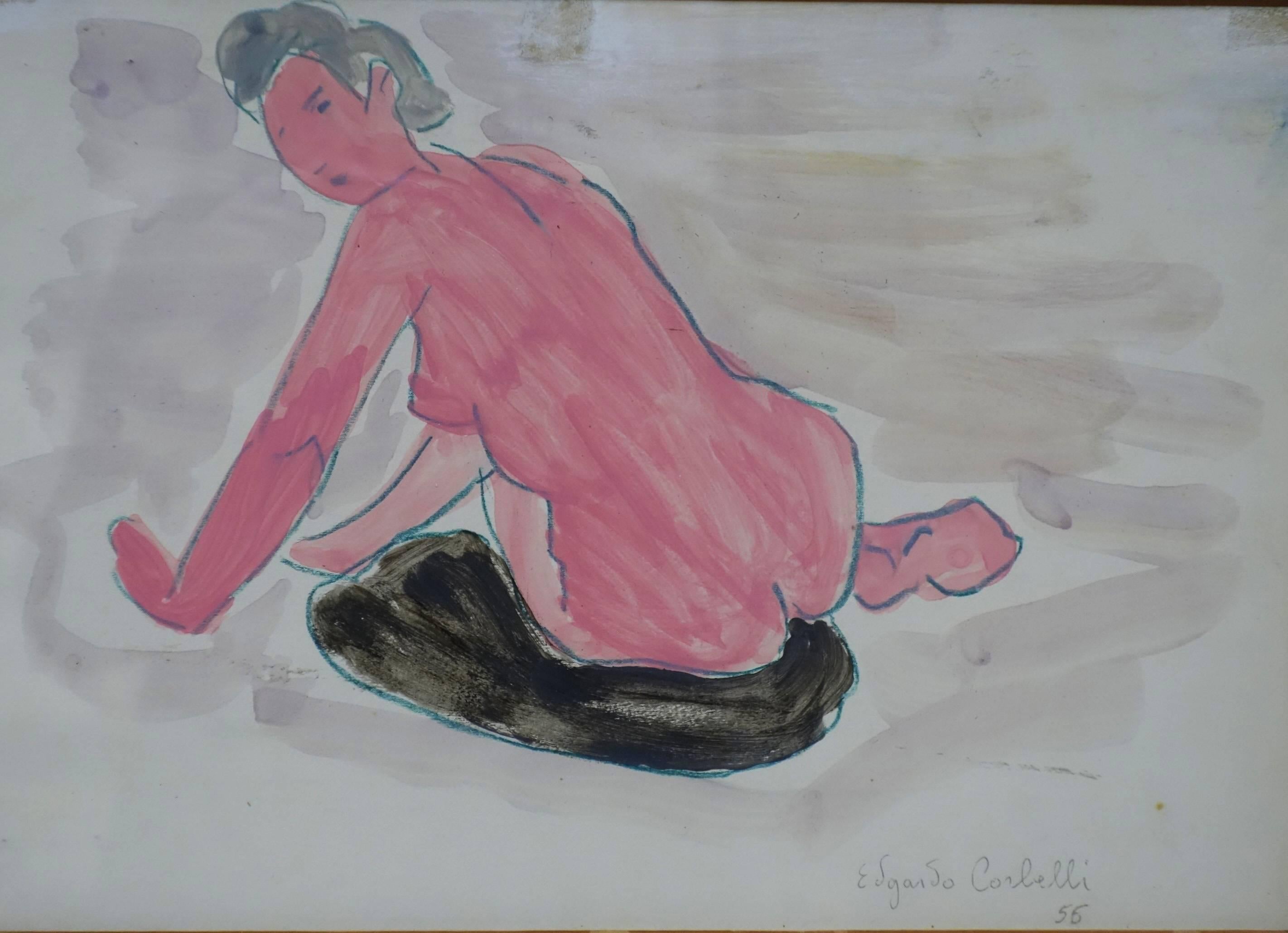 Edgardo Corbelli Figurative Art - "Pink sitting nude"   watercolor  cm. 33 x 24  1956
