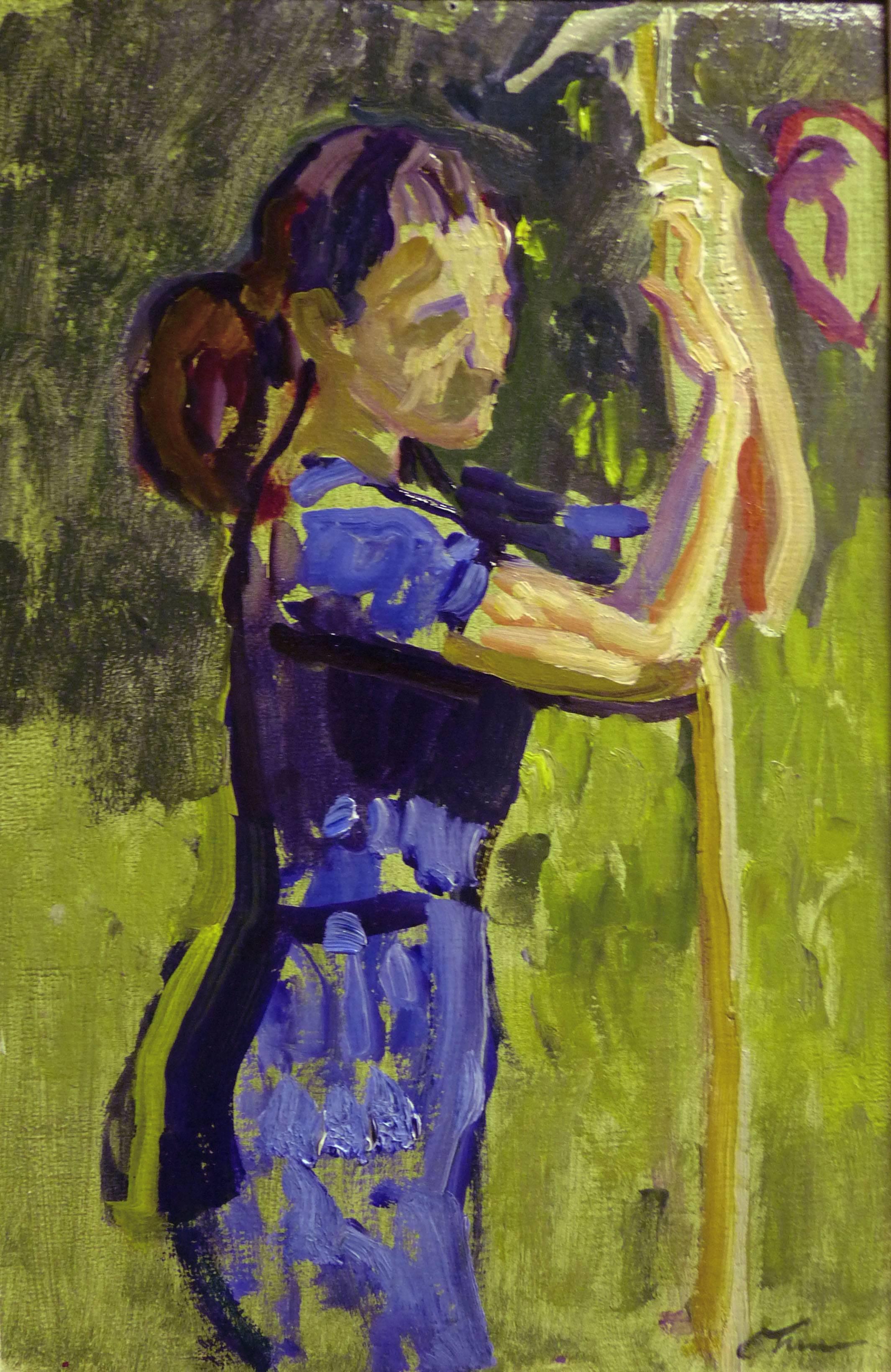 Sergej Tkachev Figurative Painting - "Blue girl   " Oil cm. 22 x 34  1970  