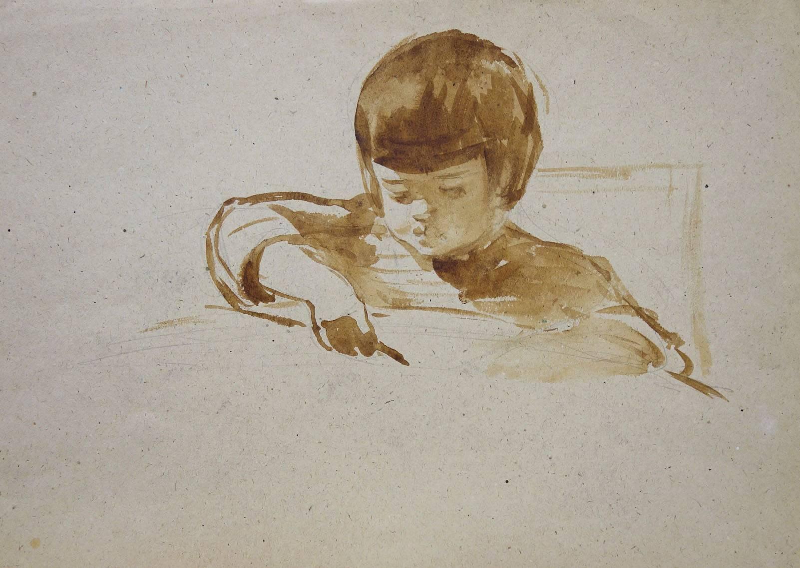 Sergey Pavlovich Tumakov  Figurative Art - Little girl drawing     inc "seppia"  cm. 33, 5 x 28, 5  1960