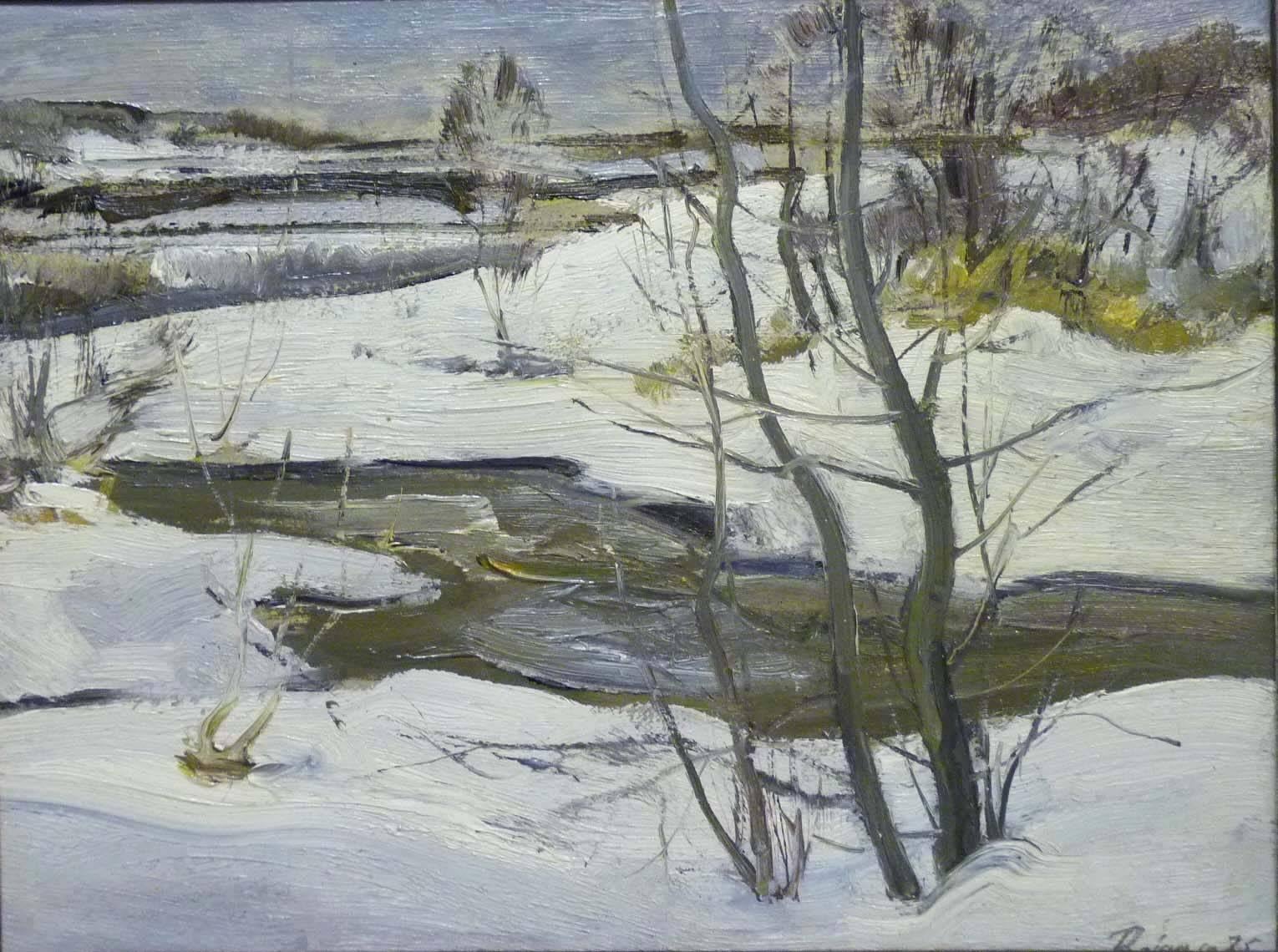 Vladimir Joukov Landscape Painting - "Stream" Snow, Forest, Winter, White Oil  cm. 46 x 35   1975